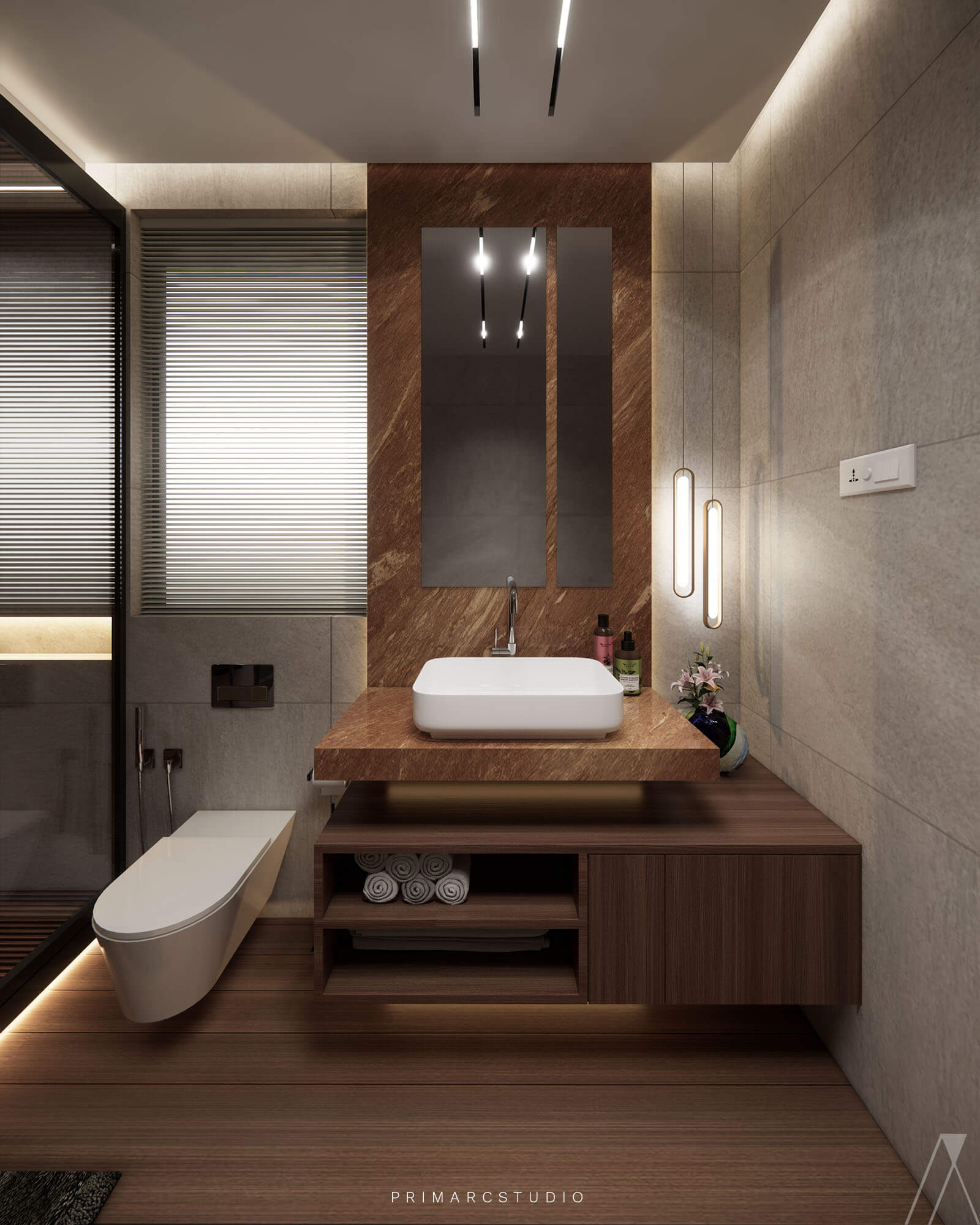 Washroom interior design in wooden and neutral colors