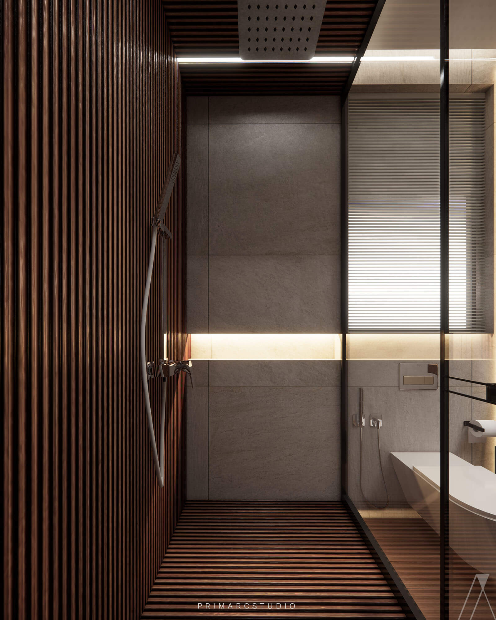 Washroom interior design in wooden and neutral colors - Shower area