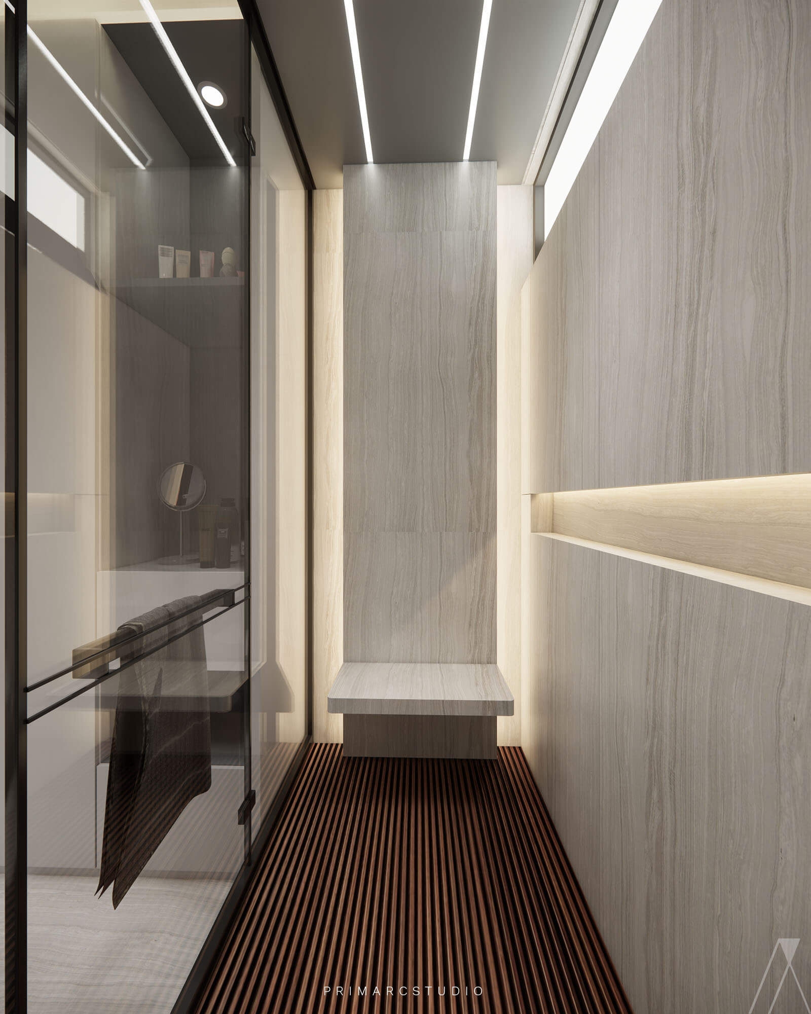 Washroom interior design in neutral colors shower area sitting area
