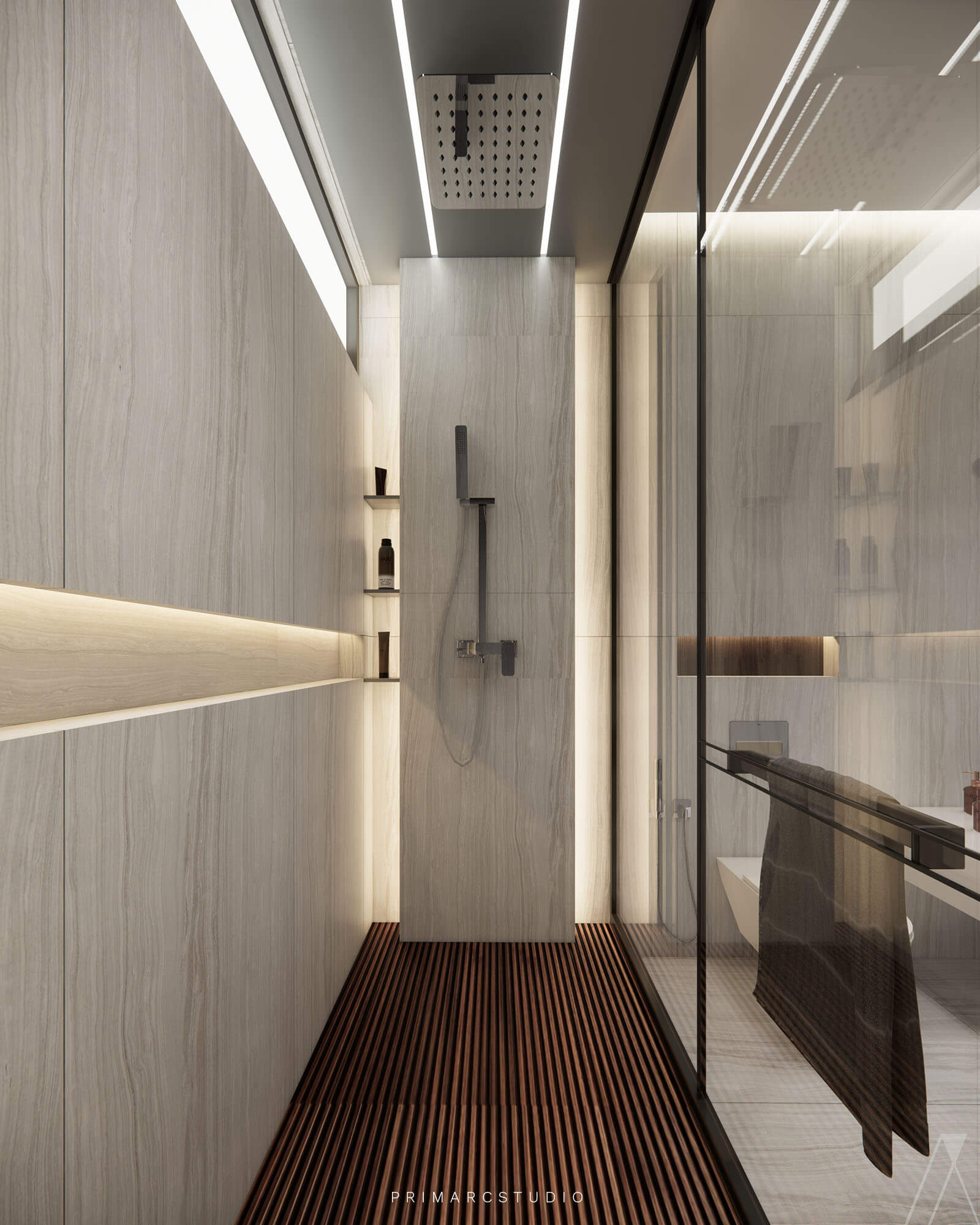 Washroom interior design in neutral colors shower area