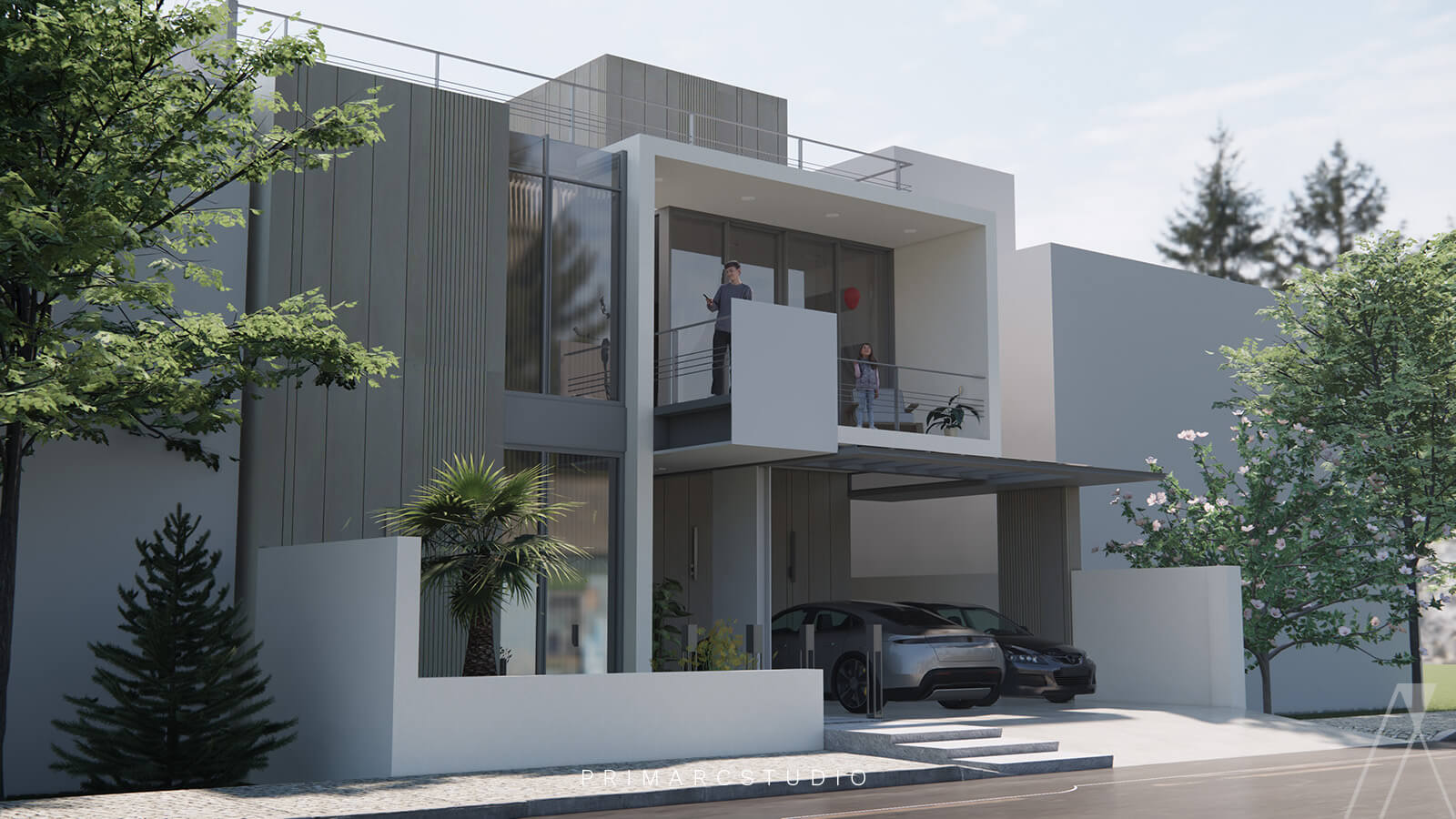 House elevation modern design with white and grey tones used in exterior.