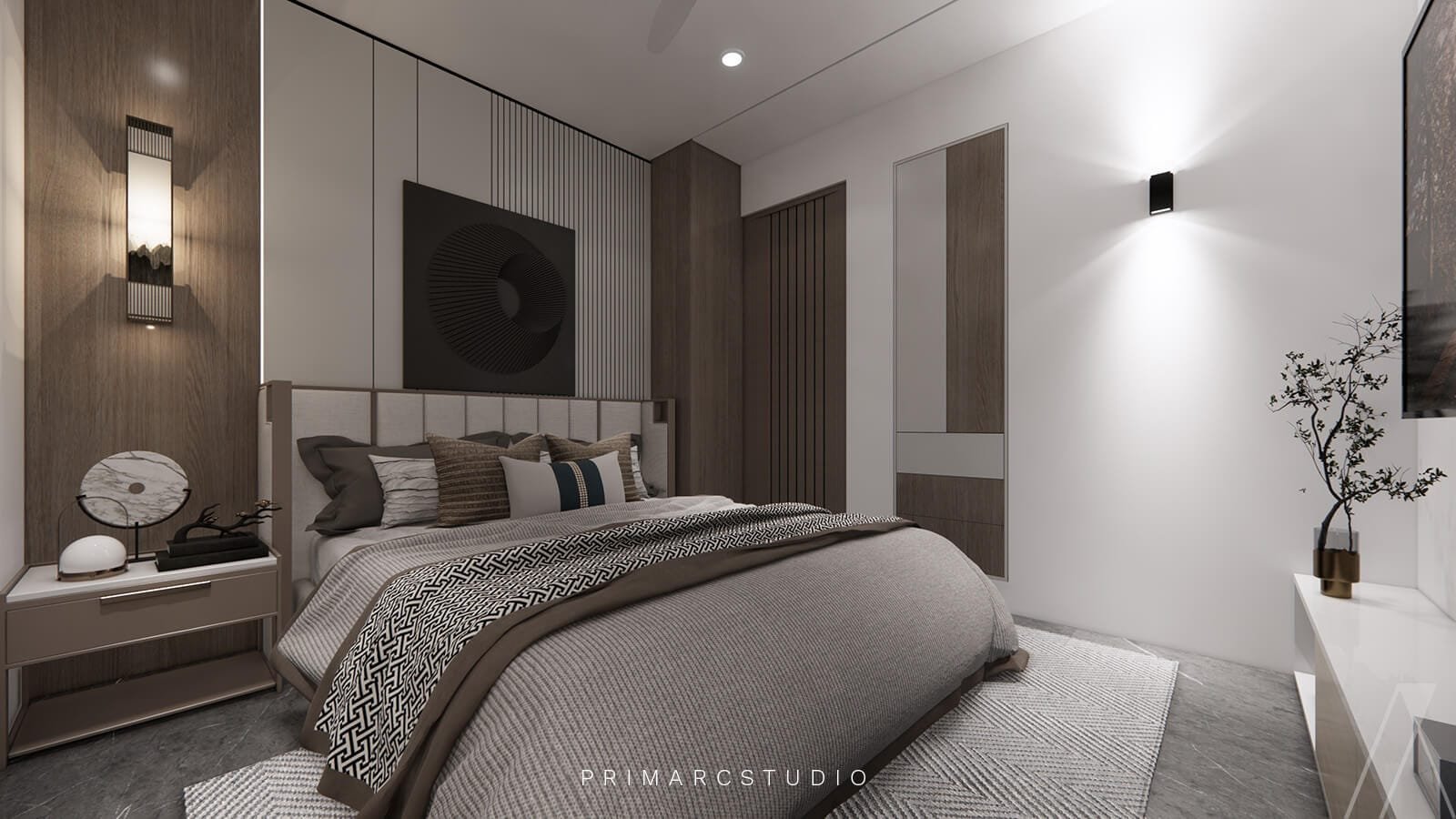 Bedroom interior design with wall lights and painting on the back wall