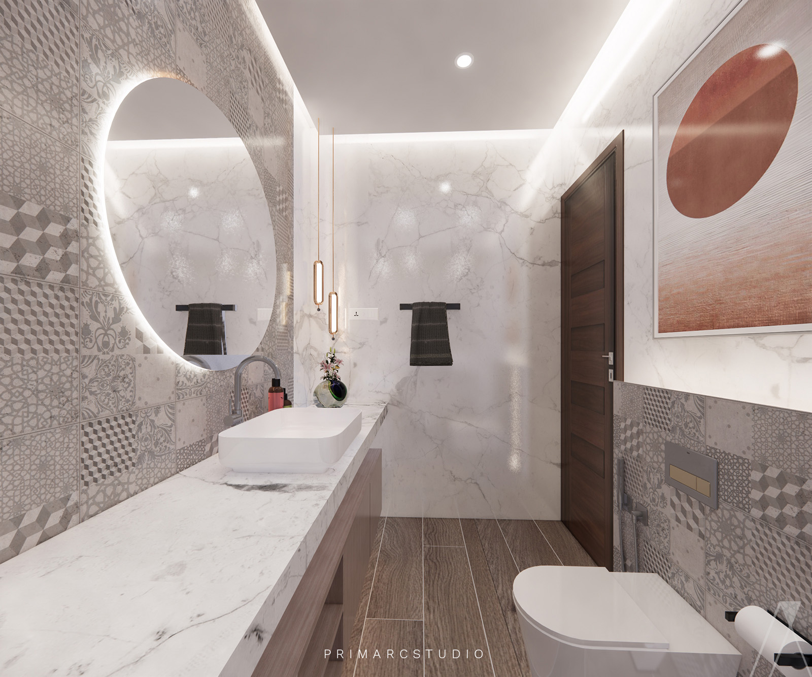 Bathroom interior design with round mirror