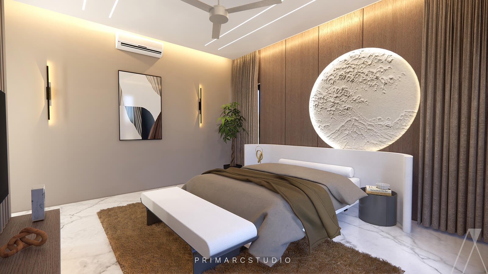 interior design inspired by japandi interior design and sleek wall lights to provide ambient lighting