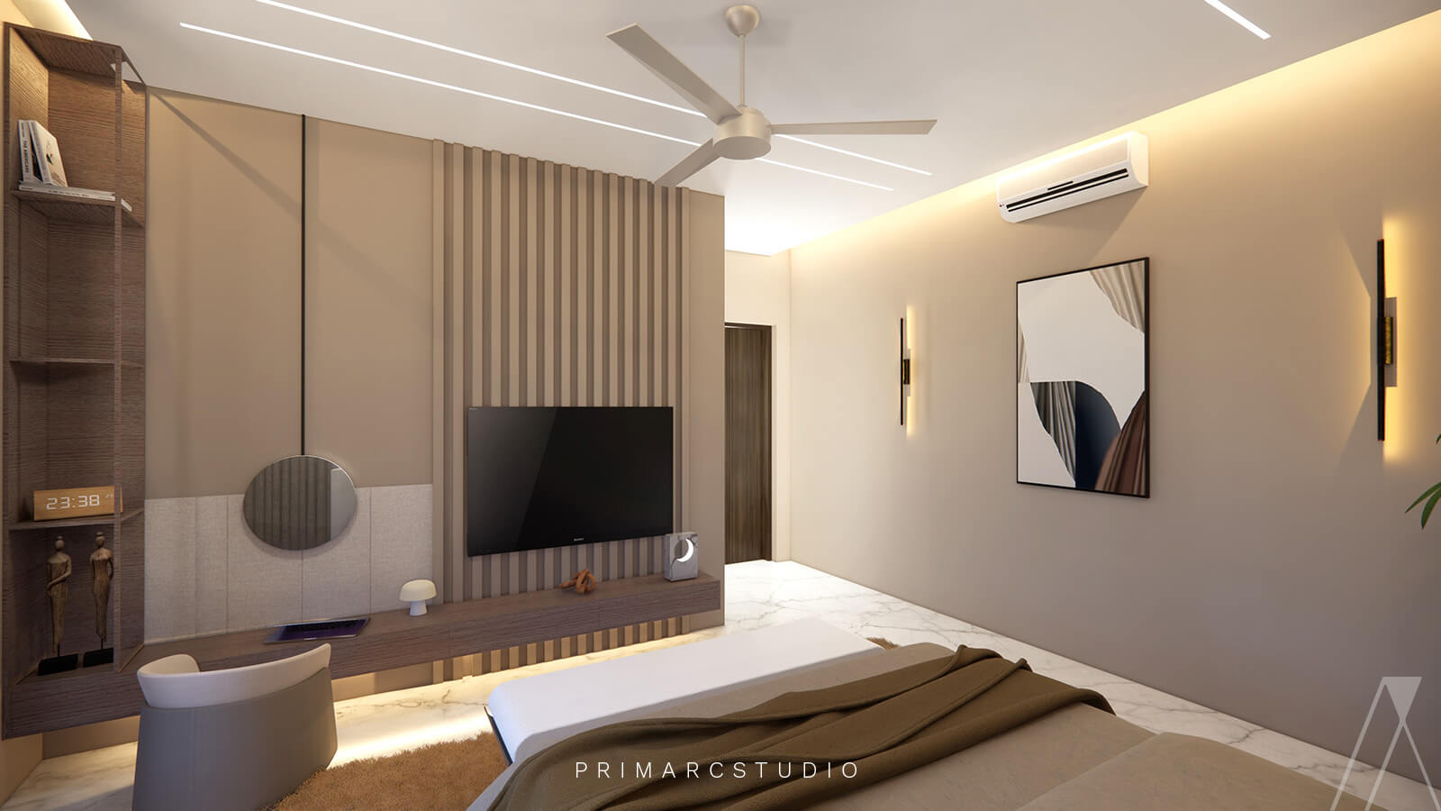 tv infront of bed and painting on the side with sleek lighting from the roof