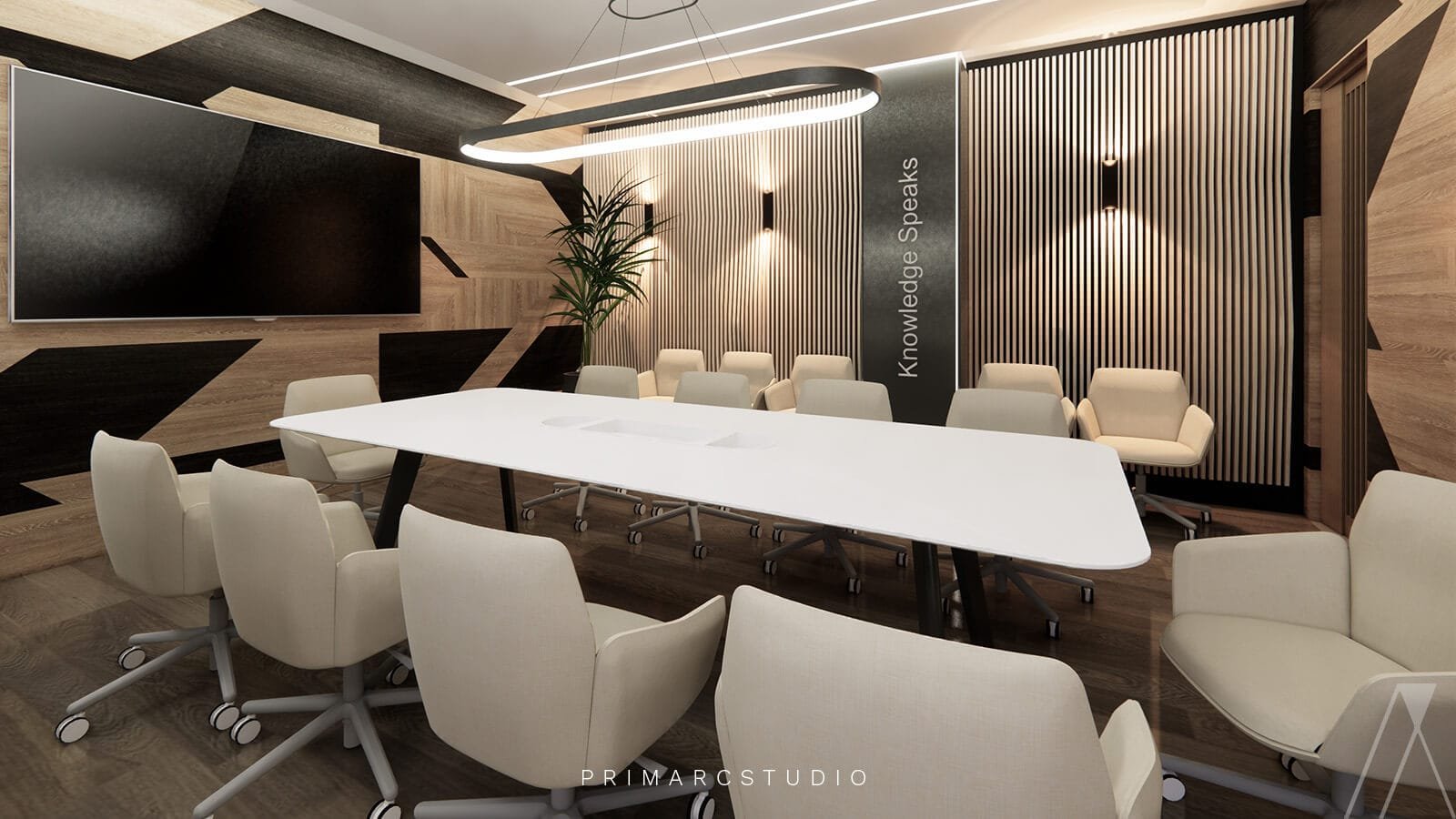 Conference Room Interior with white table and white chairs