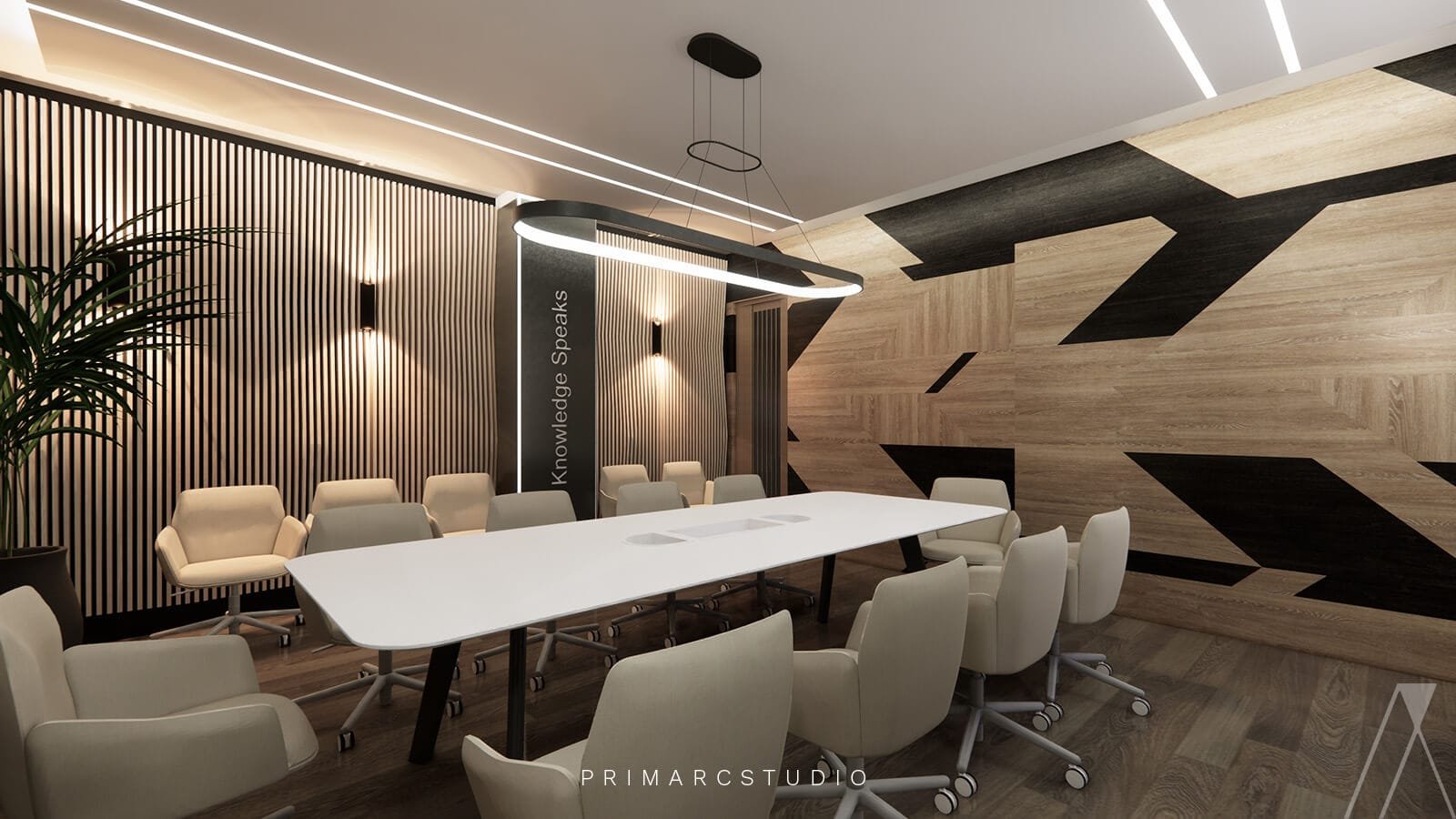 Conference room interior design with wooden panels on wall and white table to contrast it