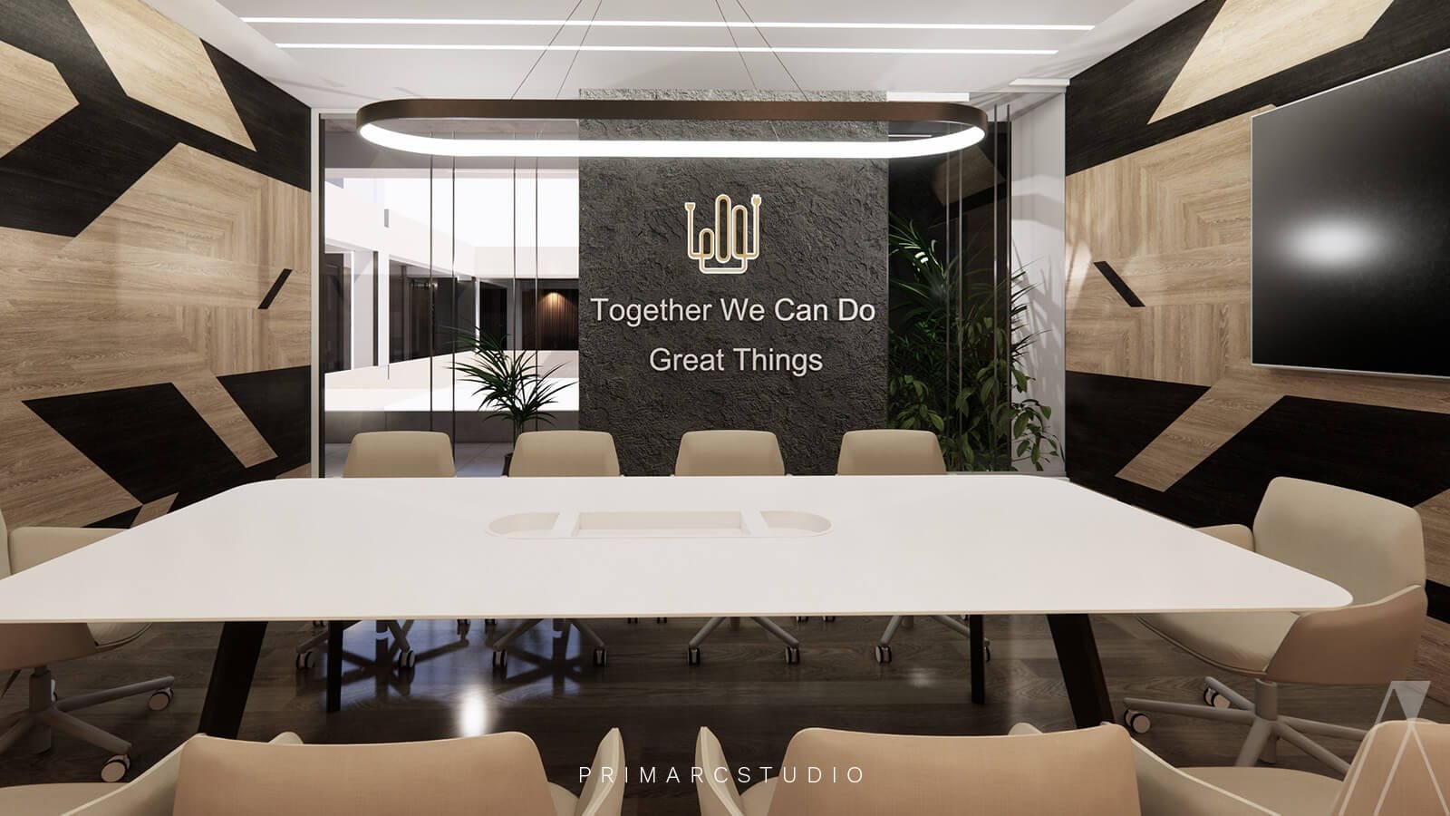 Conference room interior design with inspiration quote and logo wall