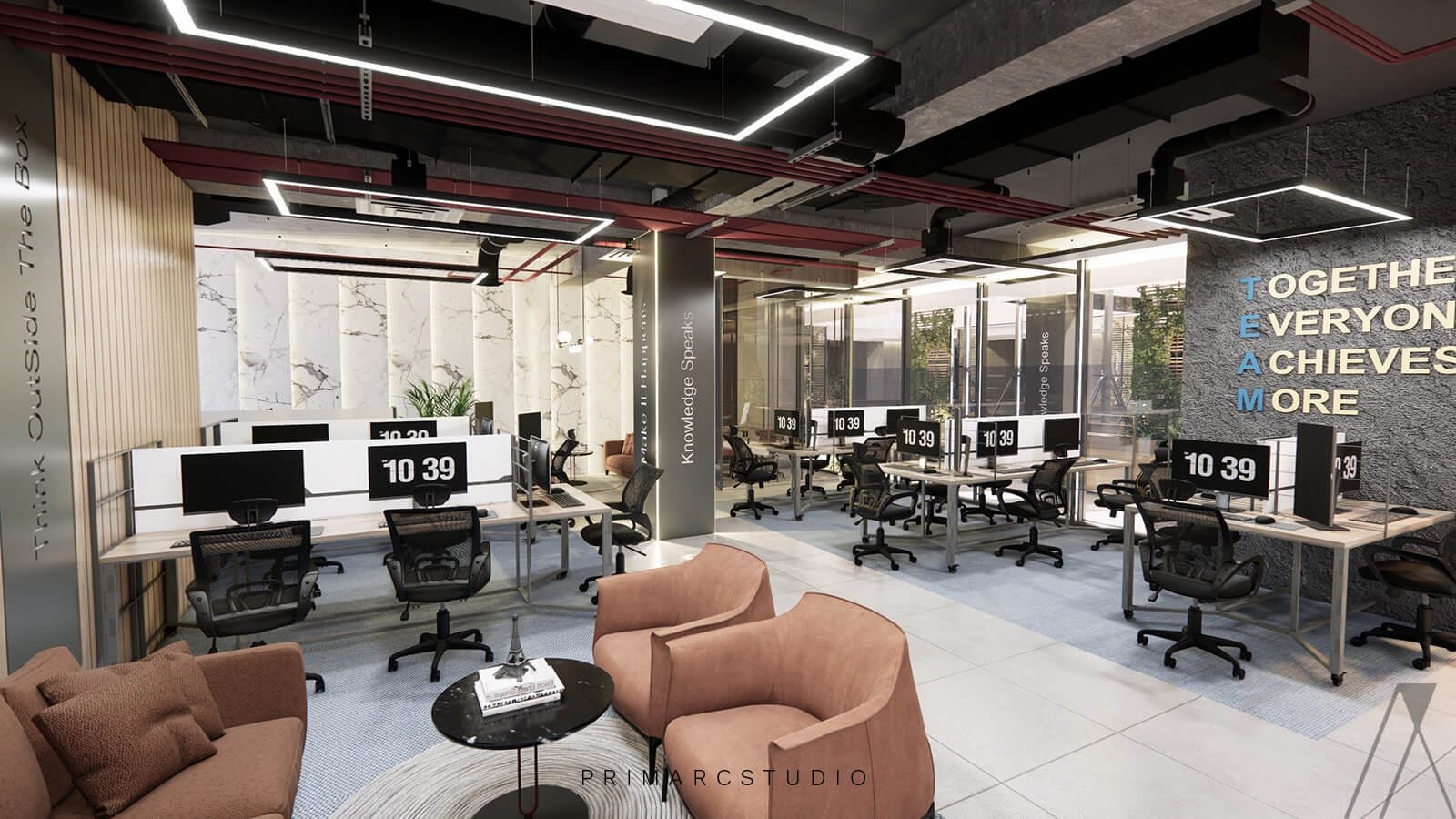 Co-working space interior design with sitting area and working desks