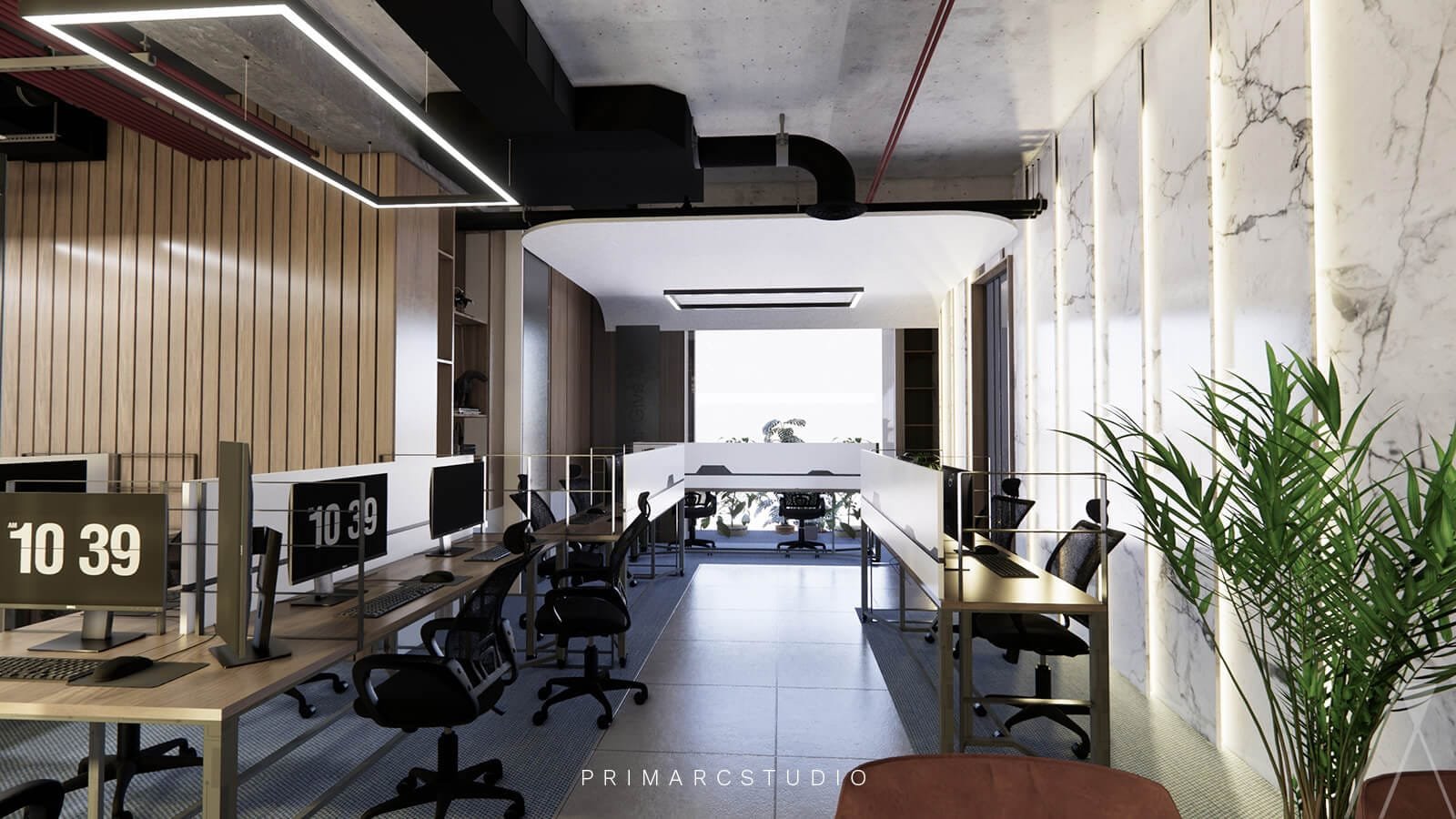 backlit walls with marble texture on top and working desks with cozy wall texture