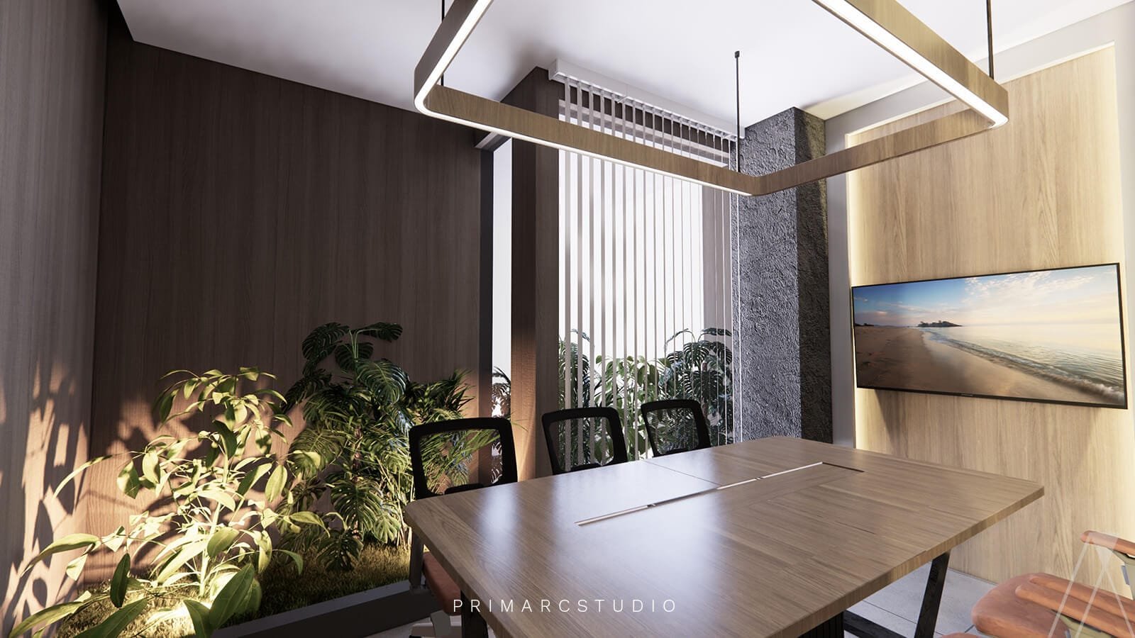 conference room with light coming in from the window and light above the desk