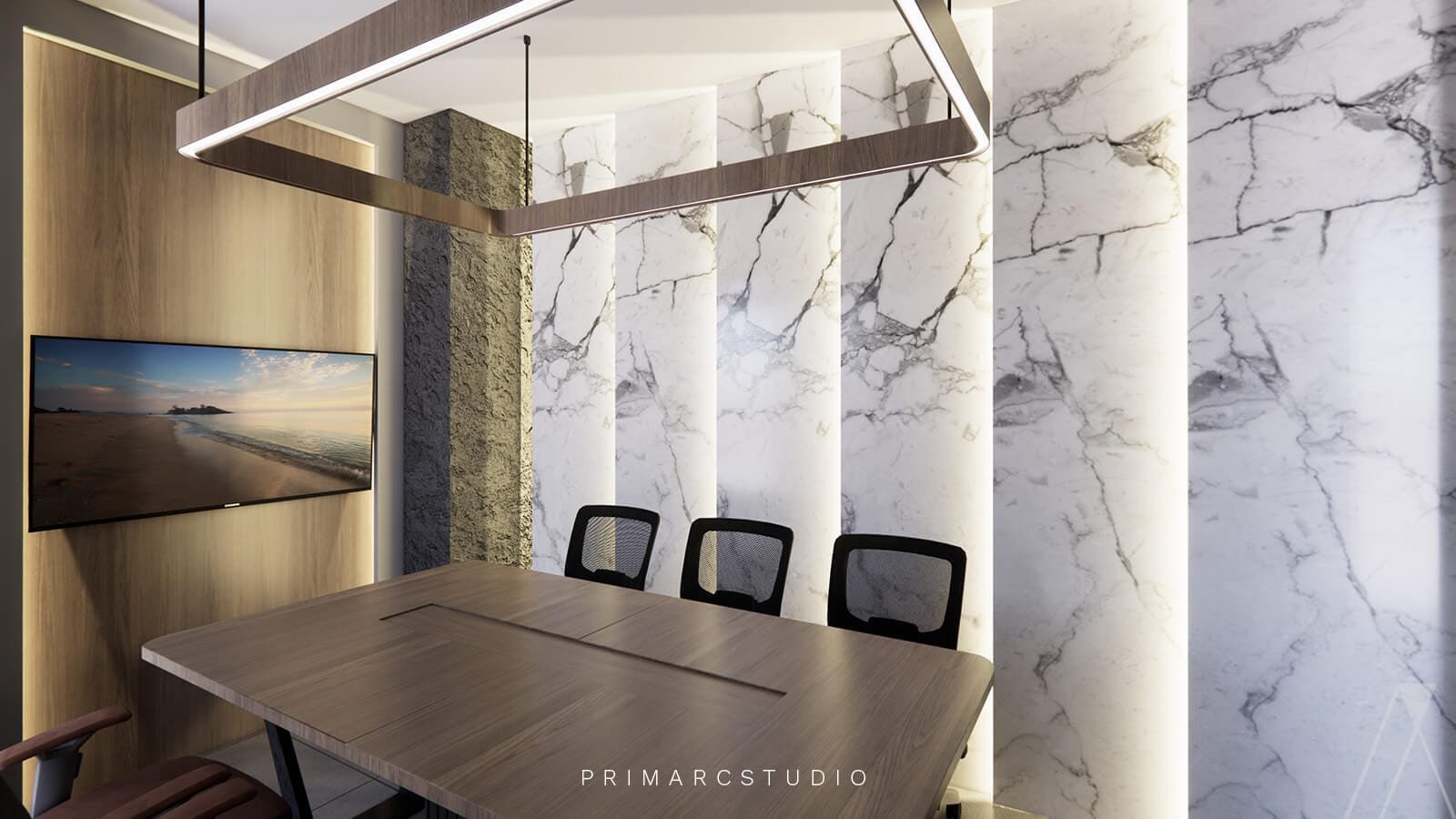 conference room with backwall lit and light above the desk, and tv infront of the wall.