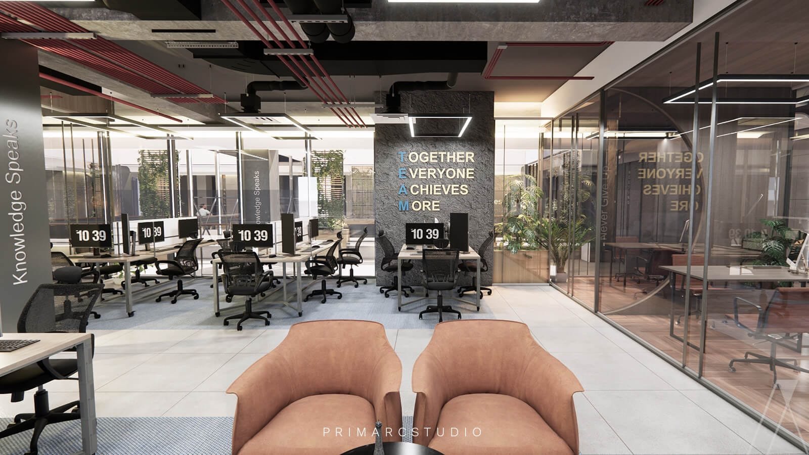 Co-working space interior design with sitting sofas and working desks