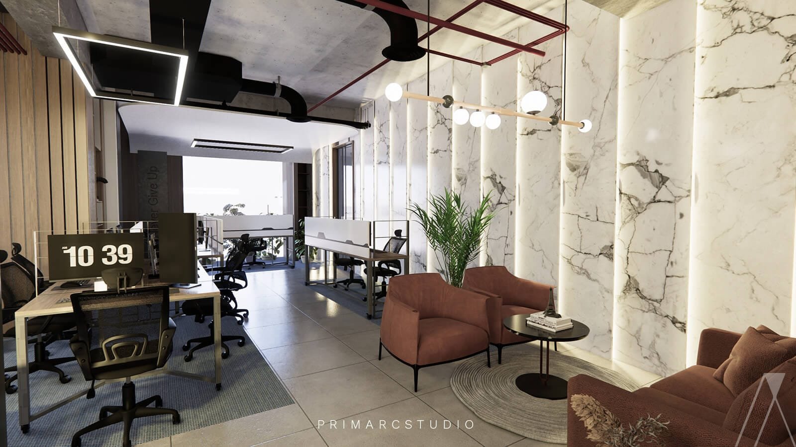 Backlit walls and interior design of coworking space