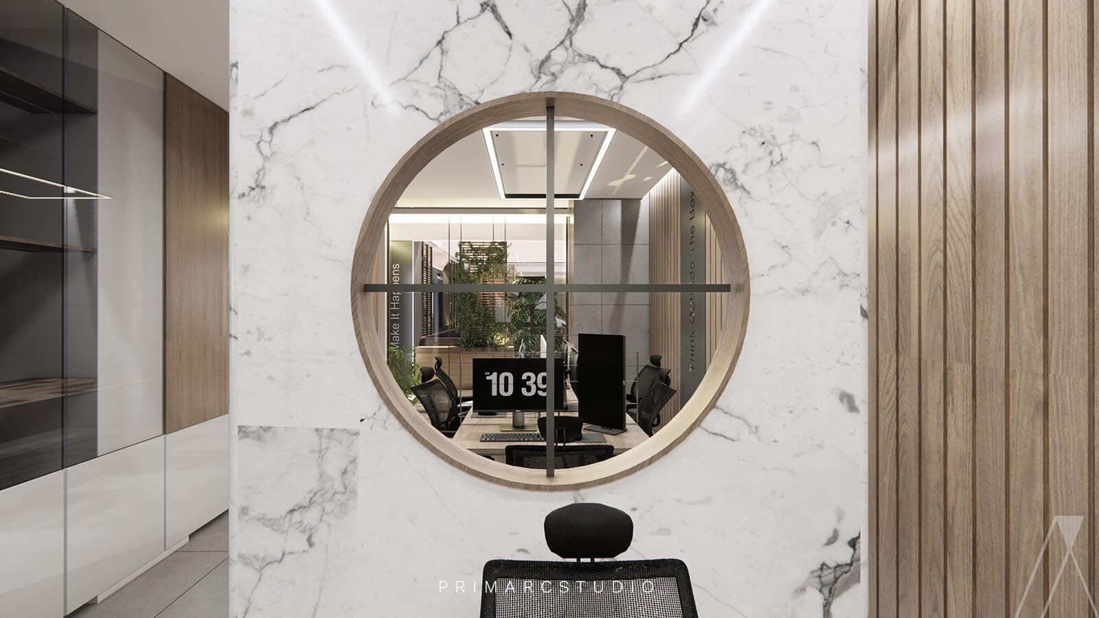 Cutting-Edge Modern Office Interior with round window in the separator wall