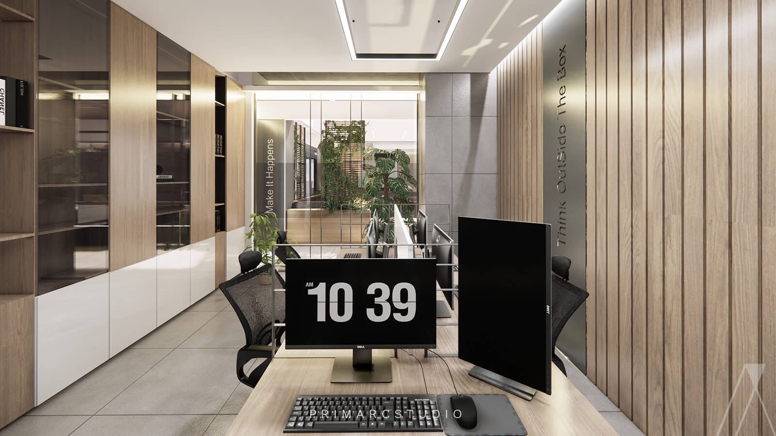 Monitors and office interior design with wooden walls