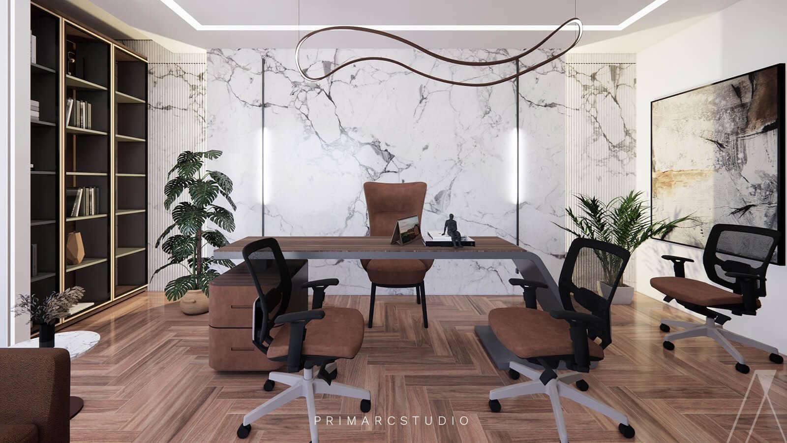 Contemporary Executive Office Interior with sitting space for the guest infront of desk