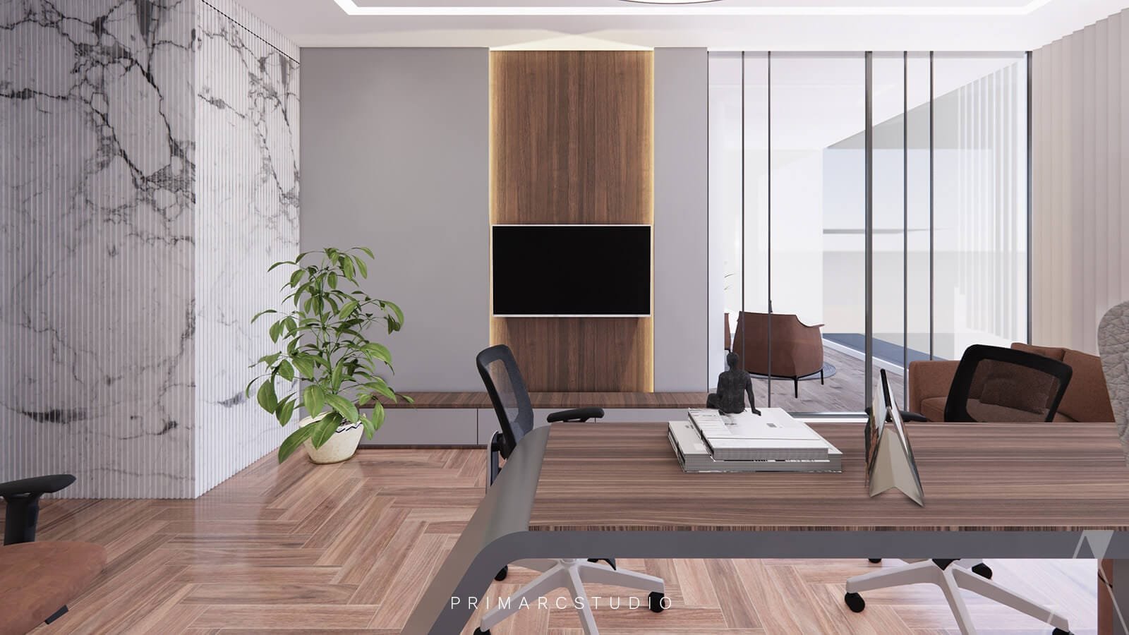 Sleek Executive Office Design with tv on wall for presentations