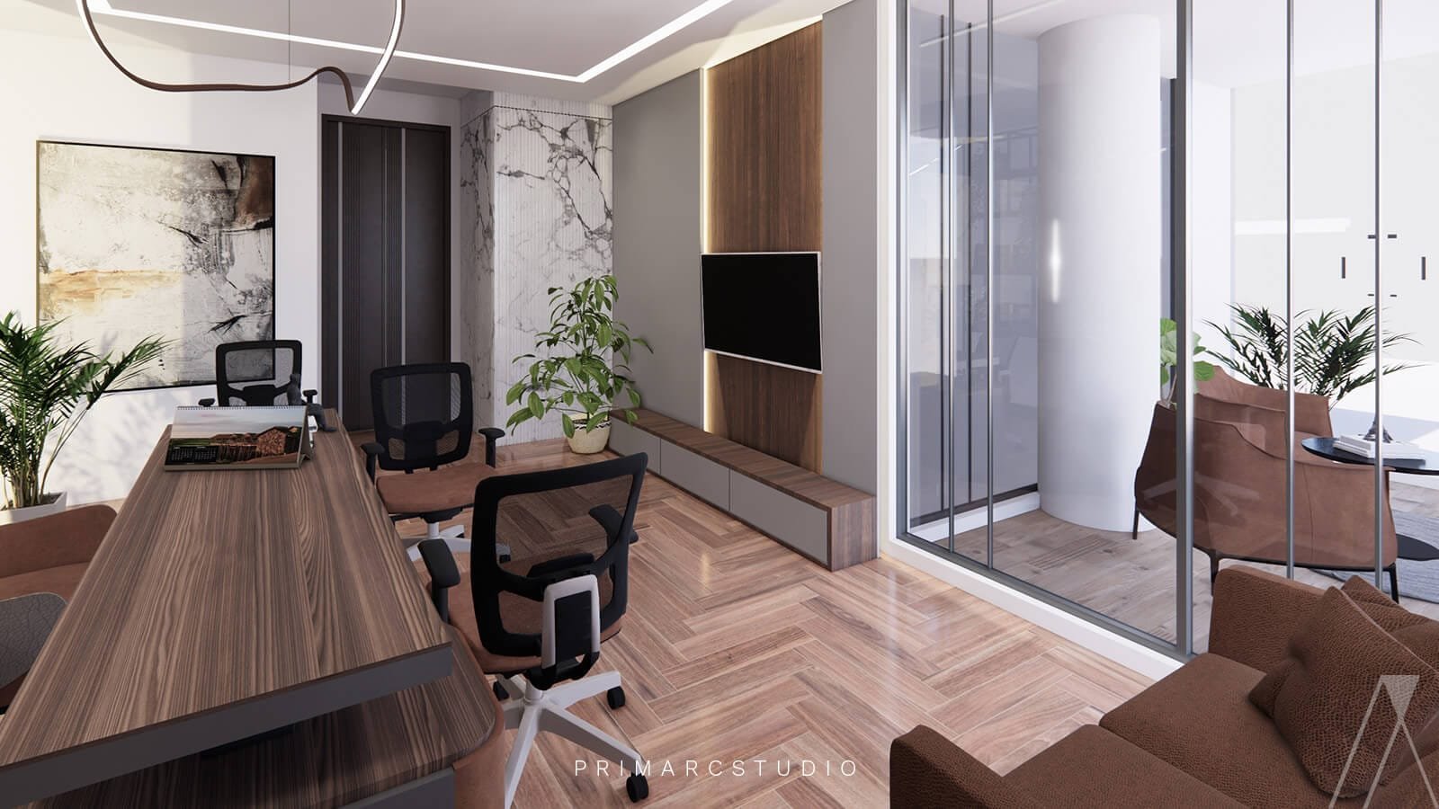 Executive office interior design with sitting area and outside sitting area also