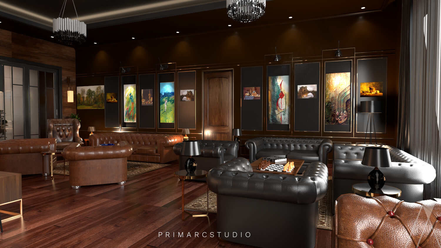 Sitting area in cigar lounge with dark wood on wall
