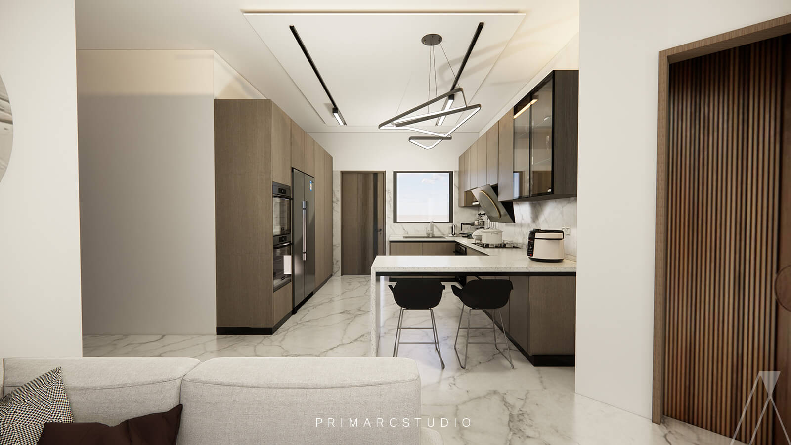 Kitchen interior design with breakfast counter in front of the kitchen facing corridor.