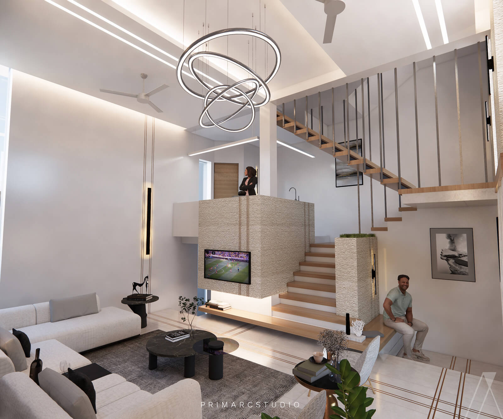 Architectural visualization of a modern ground floor lounge with mezzanine kitchen