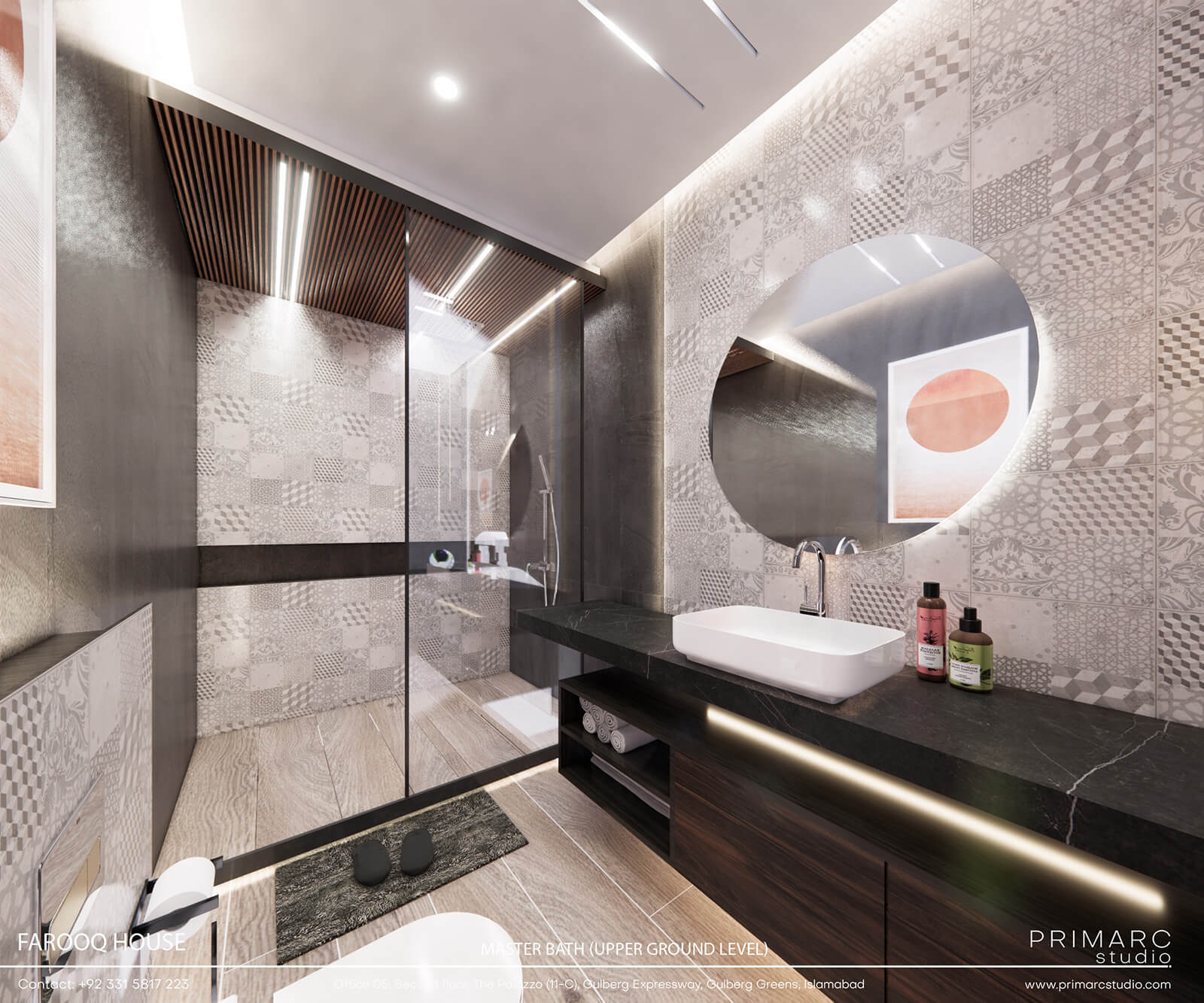 Architectural visualization of a modern spa-like master bathroom retreat