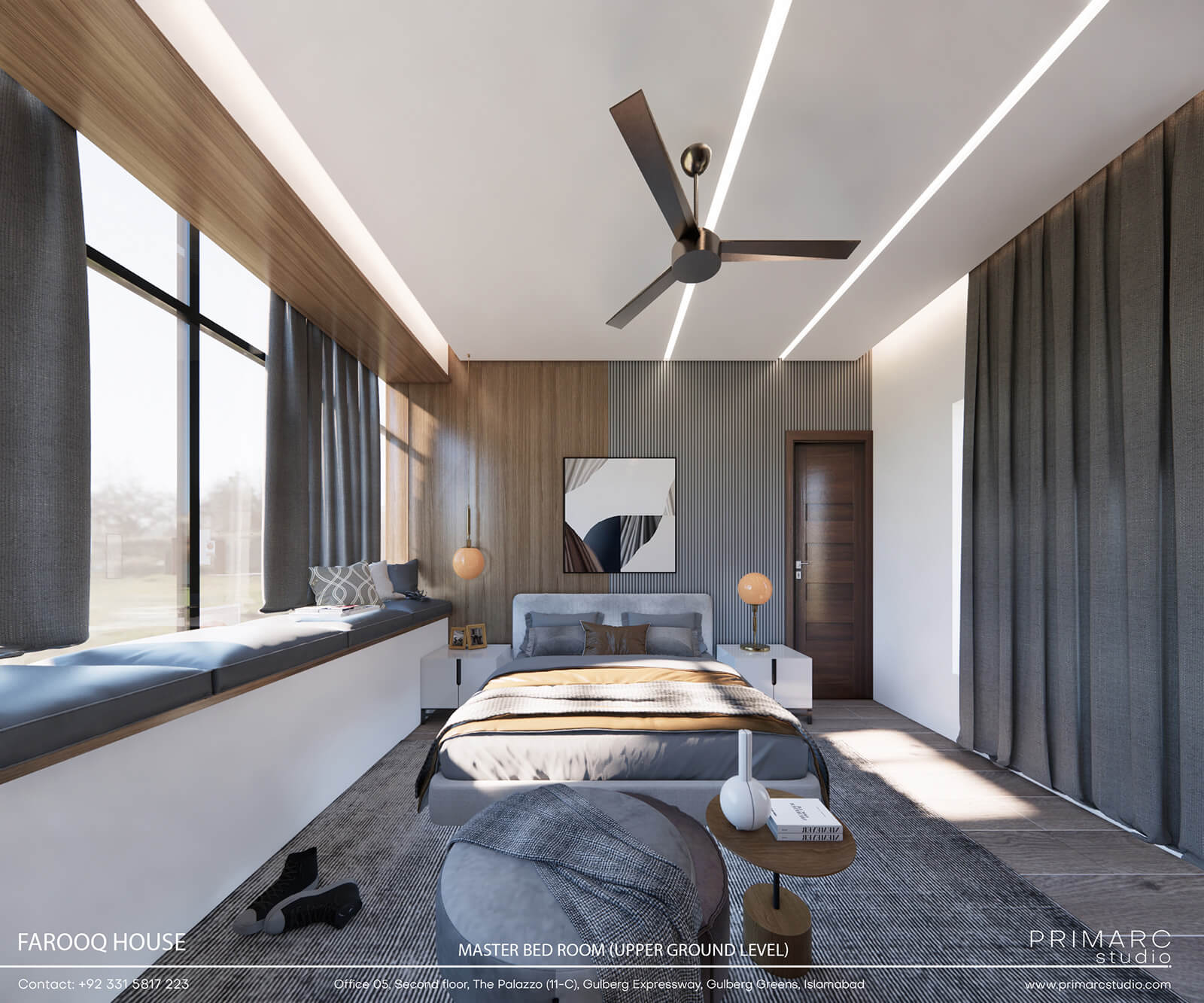 Contemporary bedroom interior with expansive window offering abundant natural light