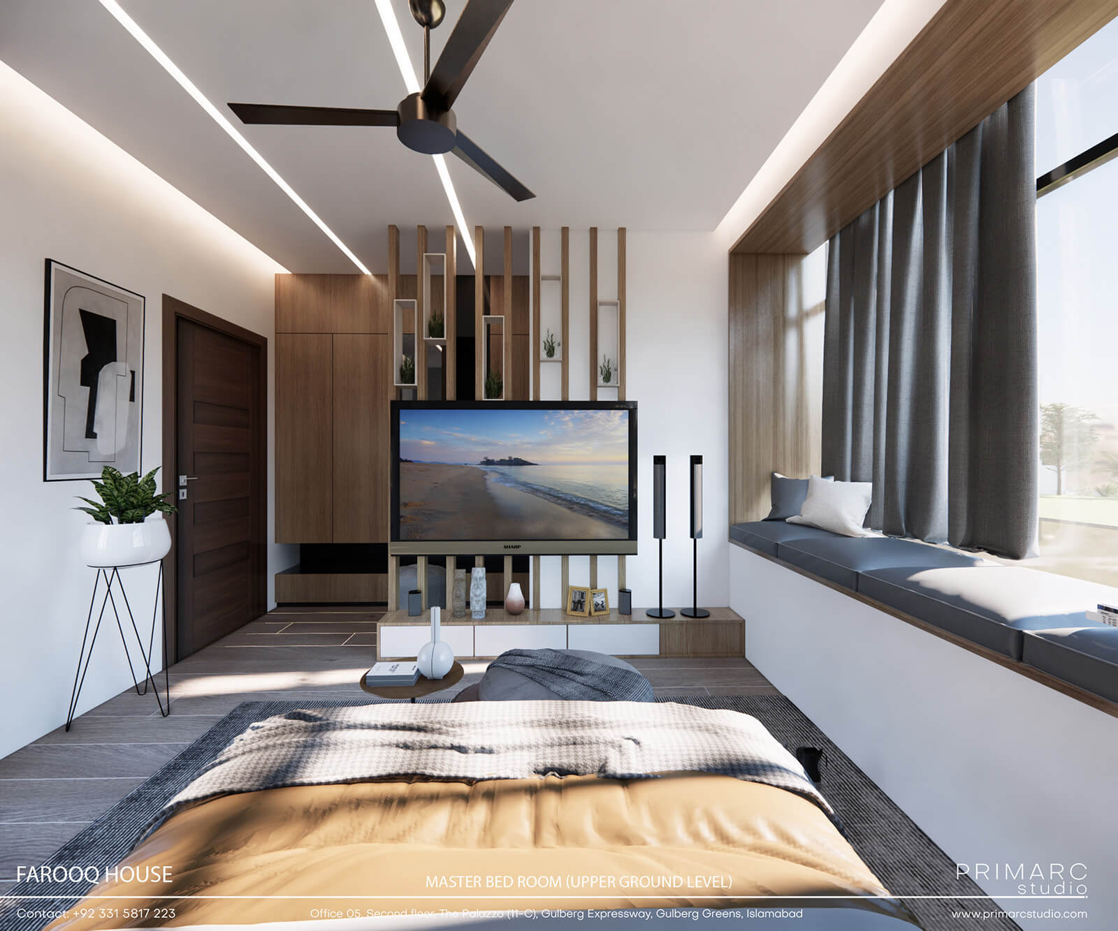 Sleek modern bedroom design featuring a spacious layout and space to sit infront of window