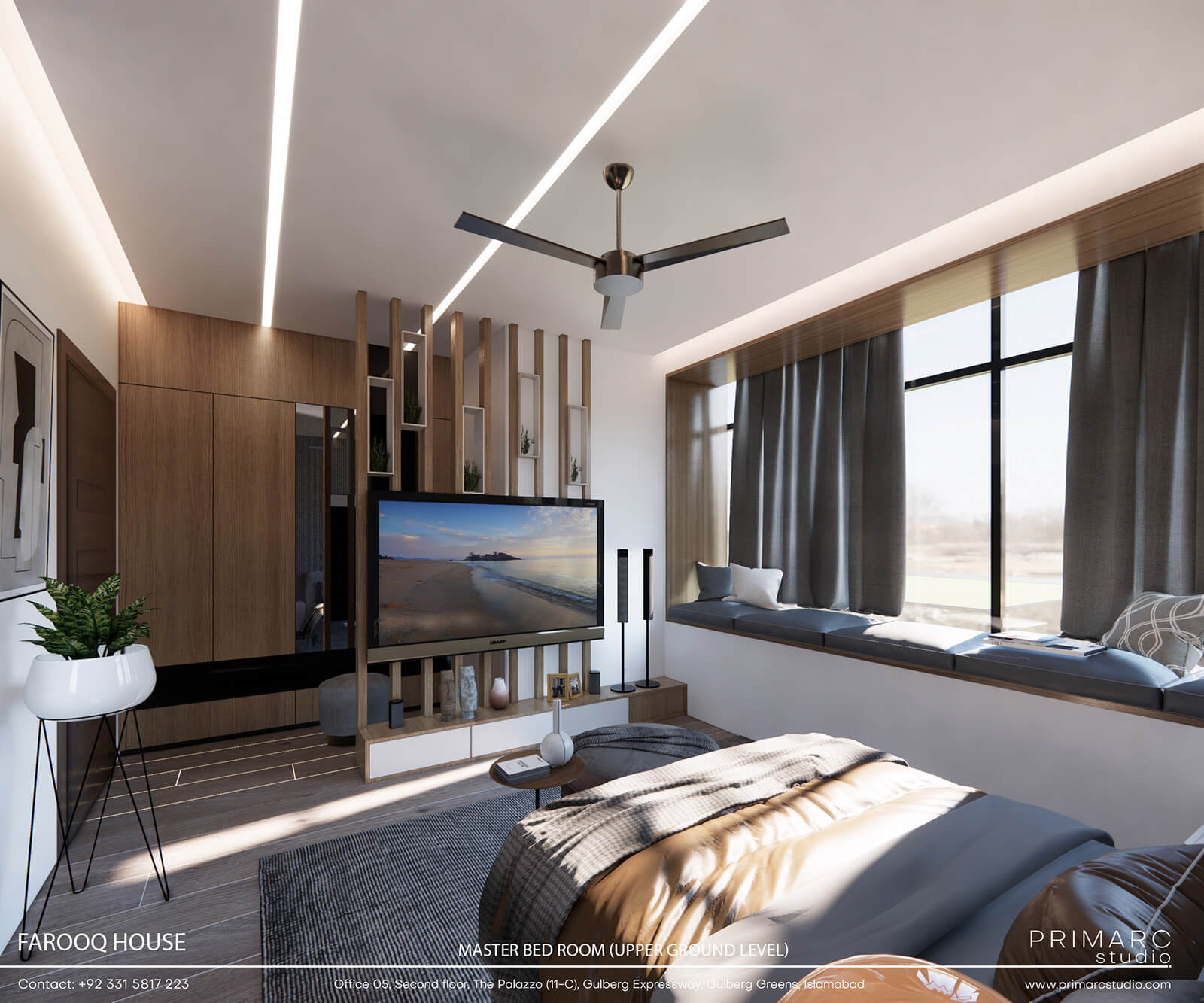 Architectural visualization of a stylish bedroom with a panoramic view window