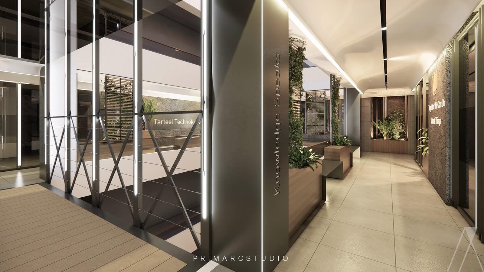 Sleek Corridor Design with Modern Sitting Area