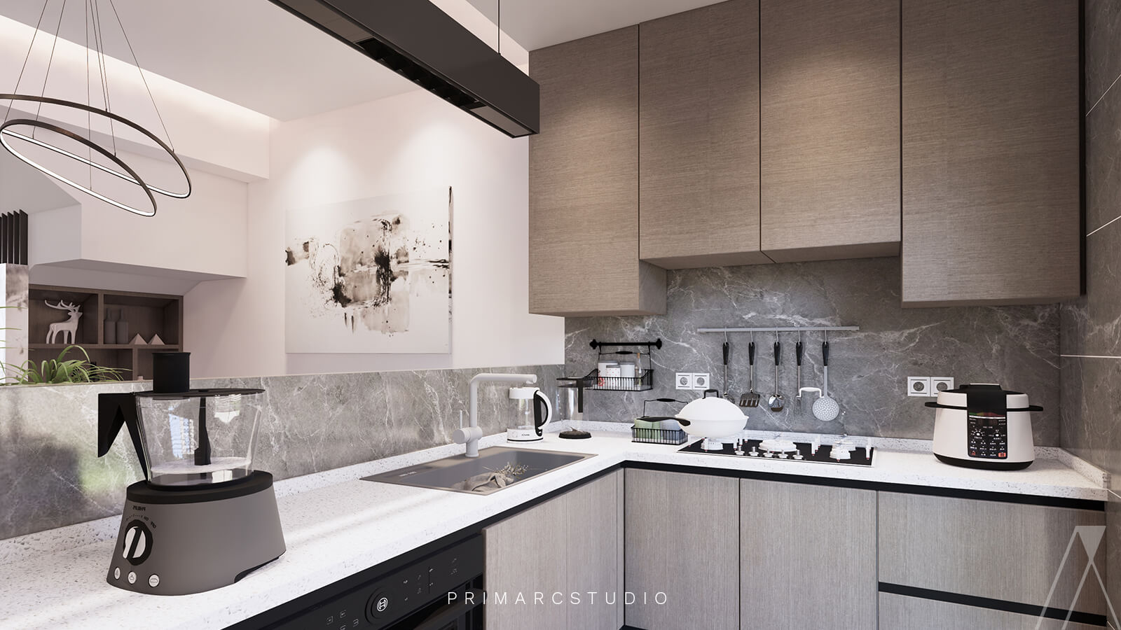 Kitchen modern interior design with cabinets
