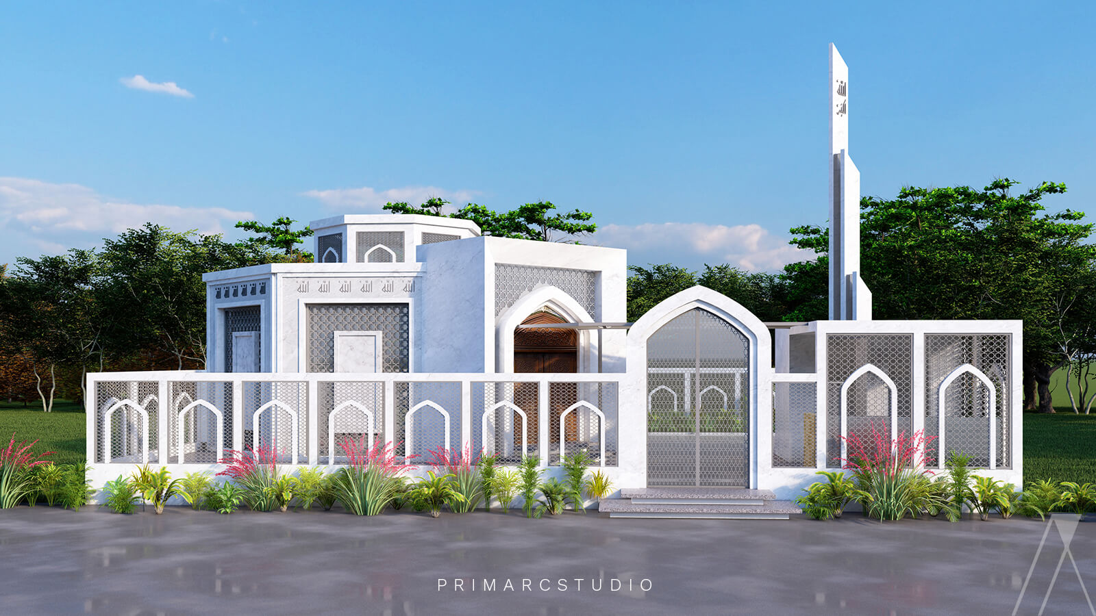 Exterior design of mosque with minar in modern style