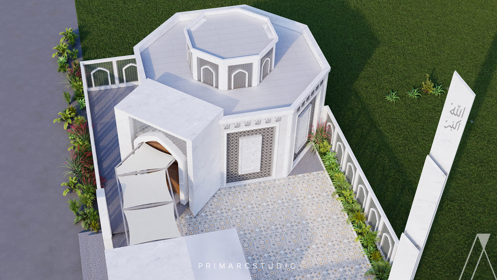 Majid exterior design in white with calligraphy in aerial view