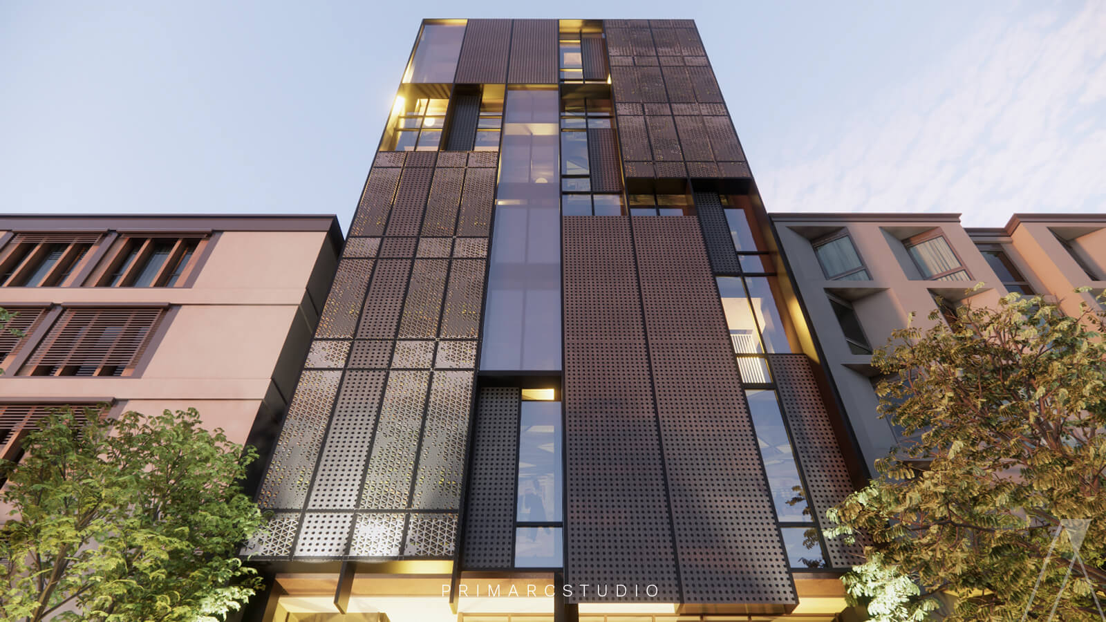 close up of commercial building exterior of modern metal facade