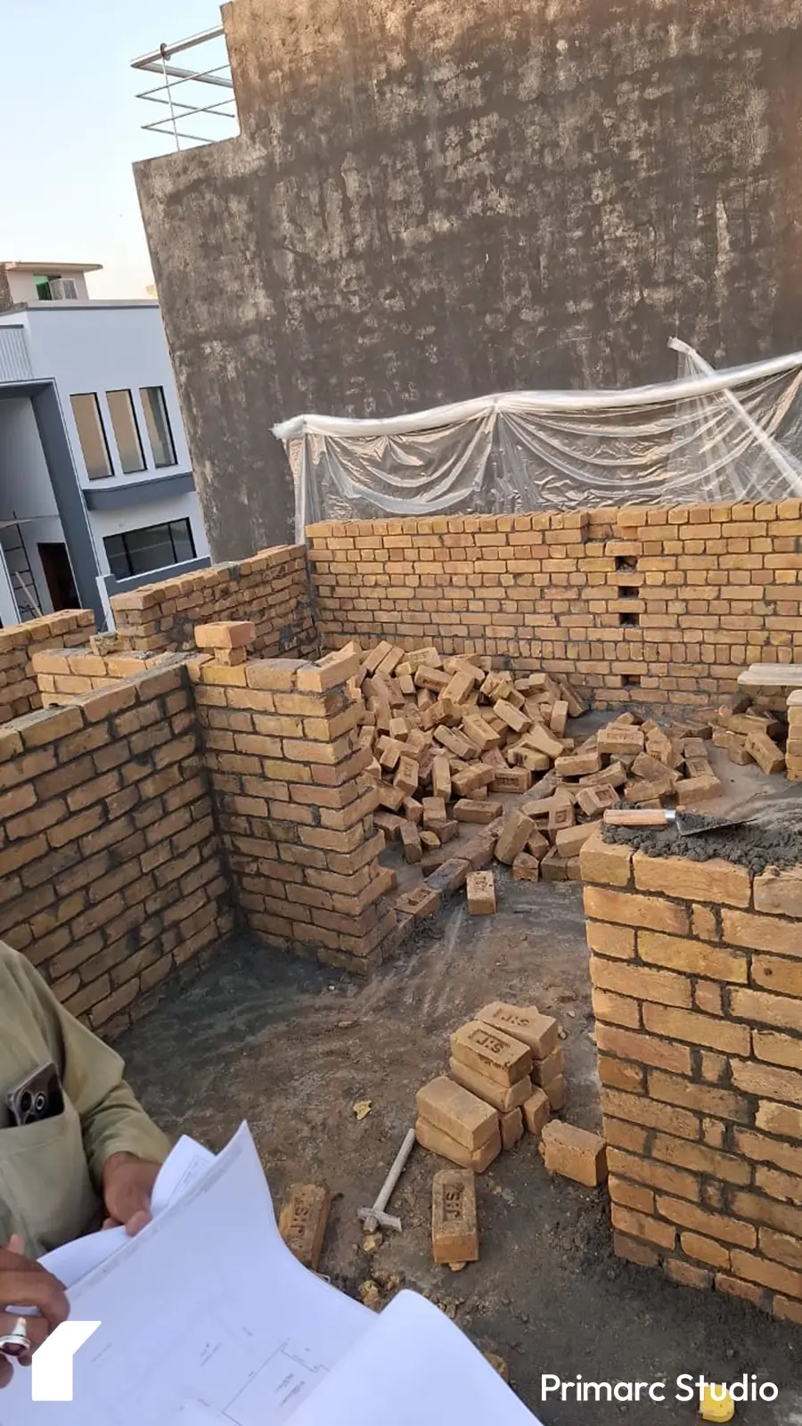 Brickwork on first floor done till half way in Islamabad