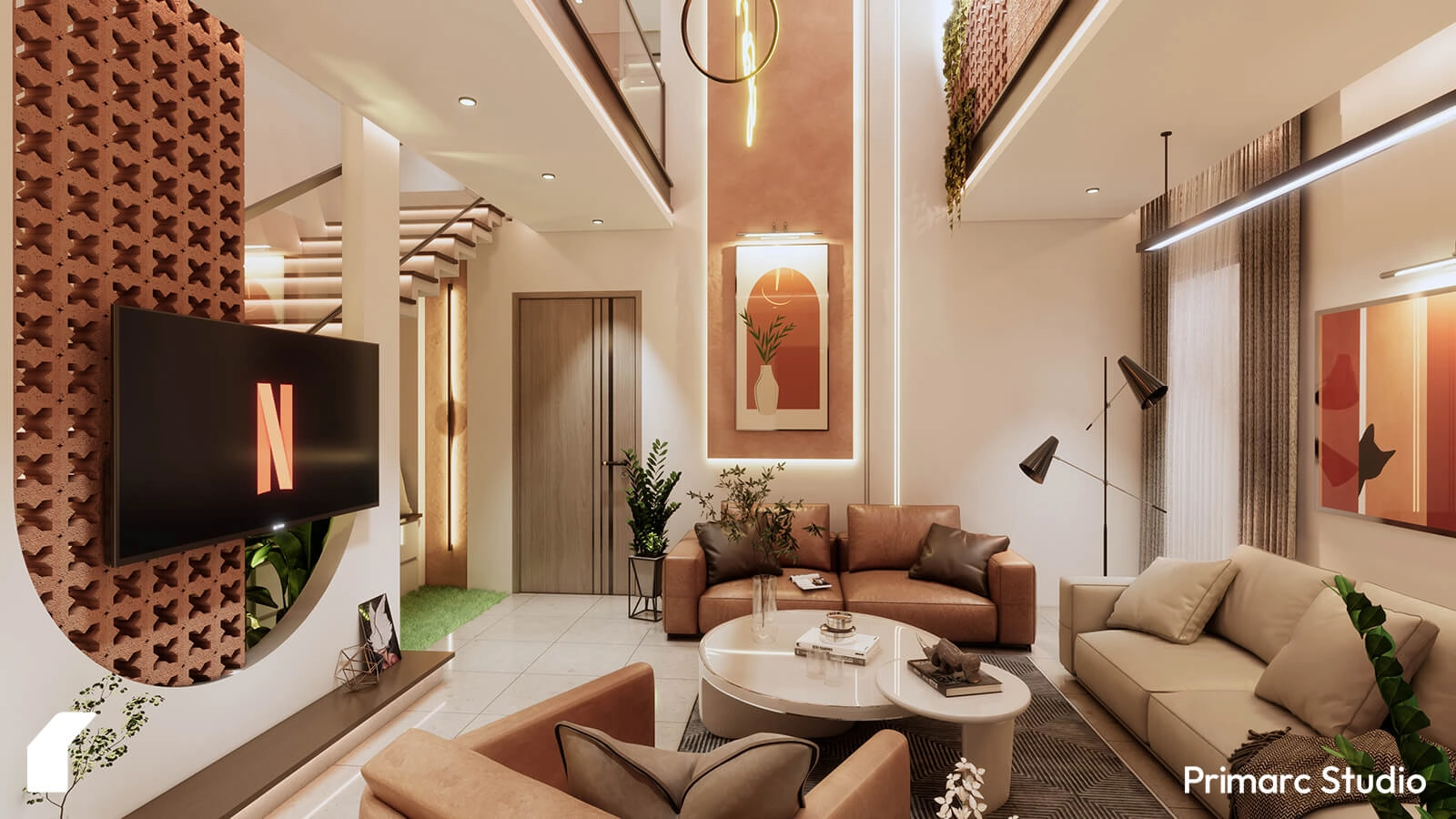 Interior design of lounge with earthy tones.