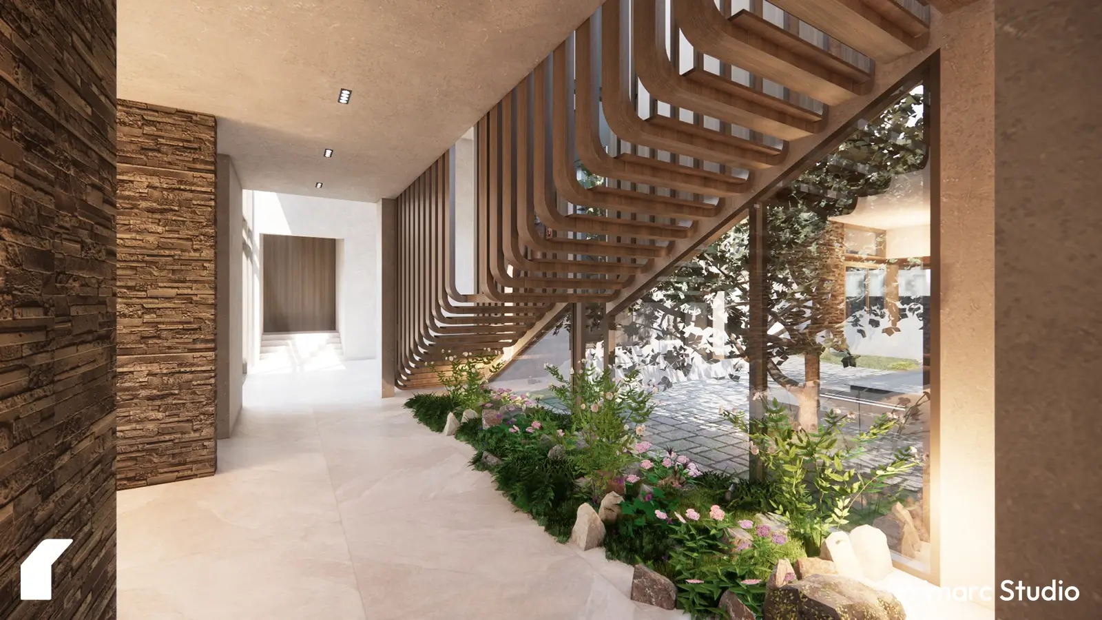 Greenery under stairs in house design in Pakistan