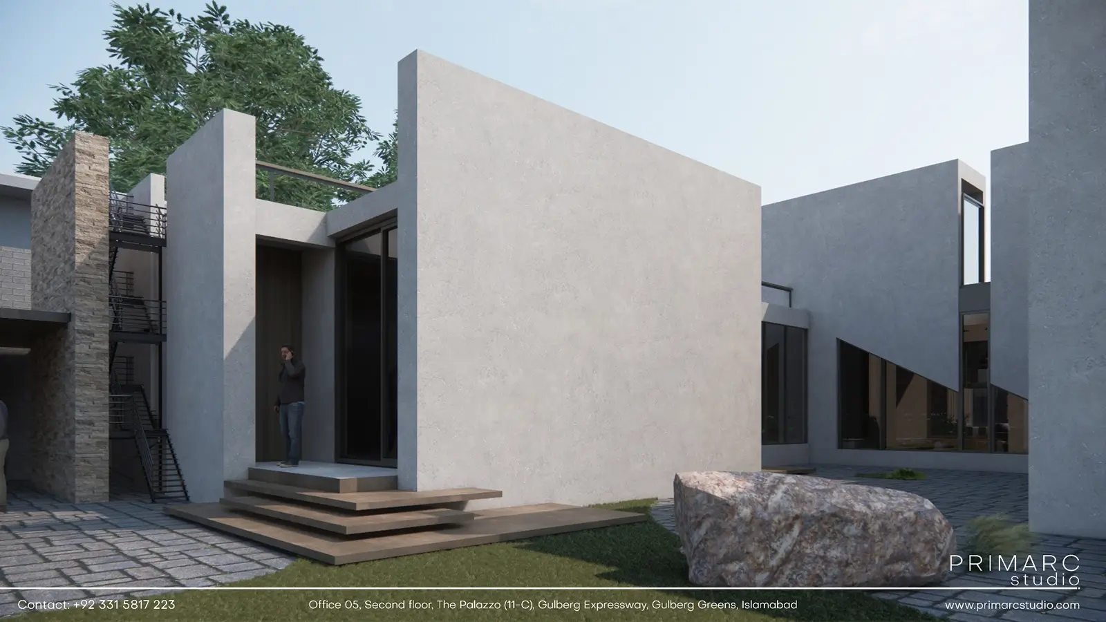 entrance of 6 kanal single story house exterior design with stone on the lawn