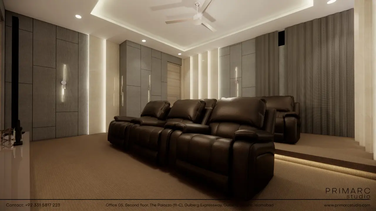 Interior design of theatre room in b17 Islamabad