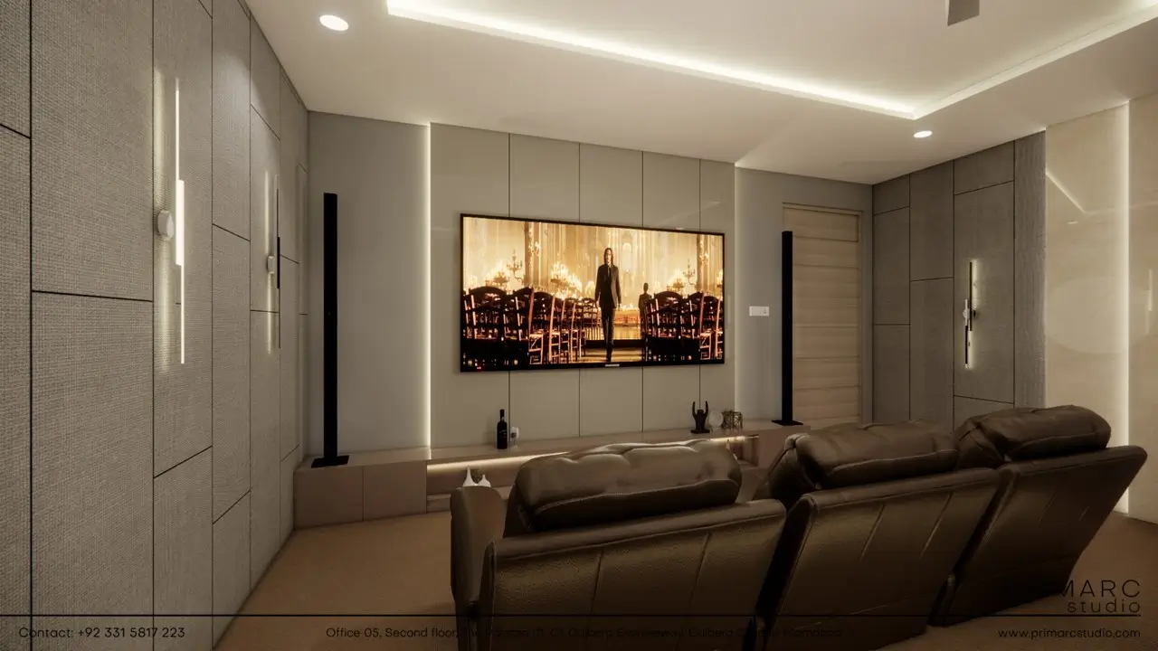 Interior design of theatre room in b17 Islamabad