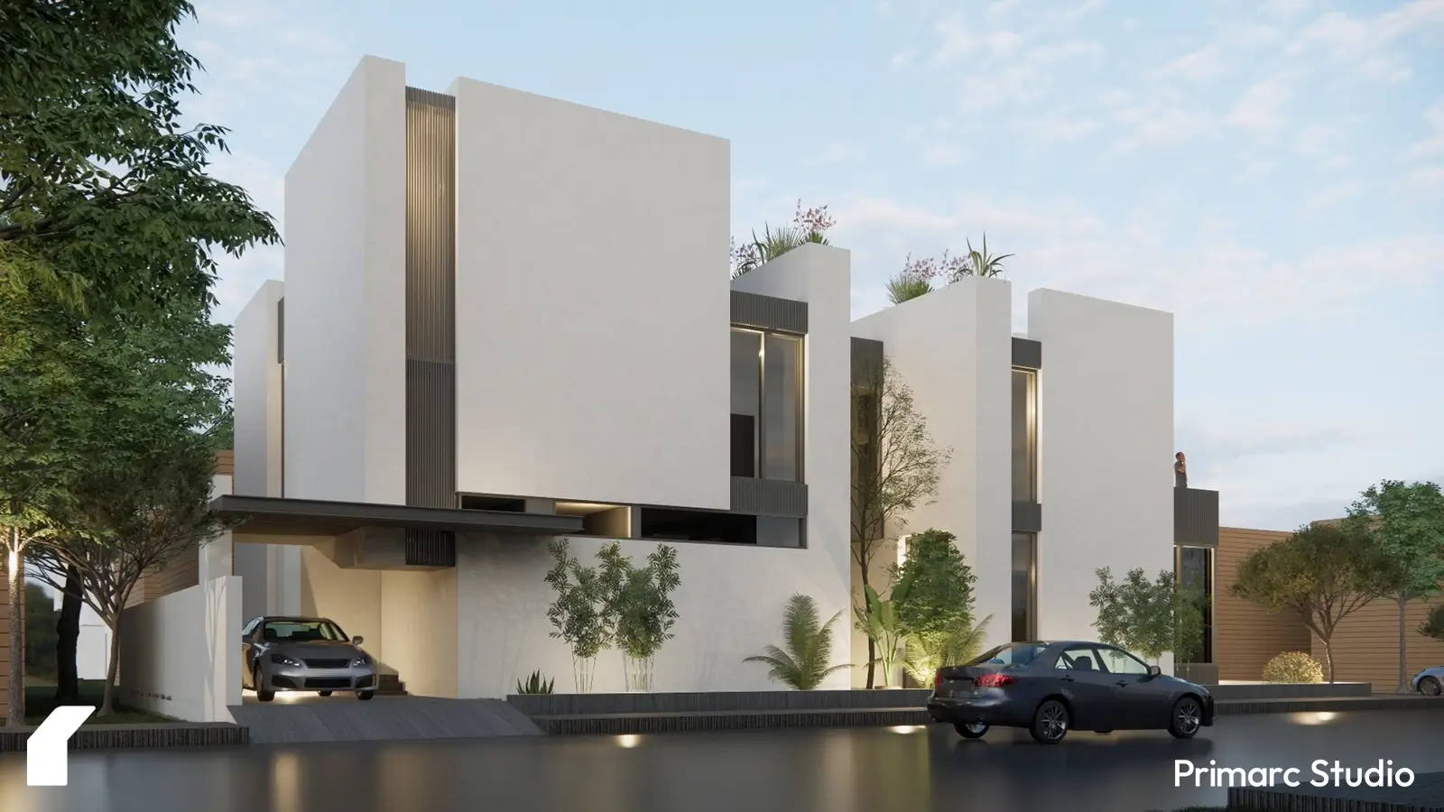 1 kanal modern house design with white walls and graphite coloured exterior windows with greenery and blue sky