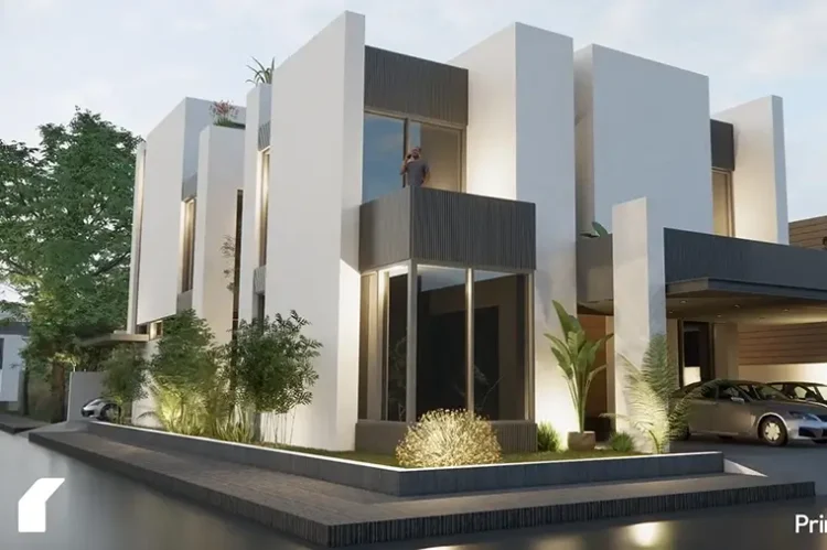 1 Kanal modern house design in white exterior with grey accents in E-17 Islamabad