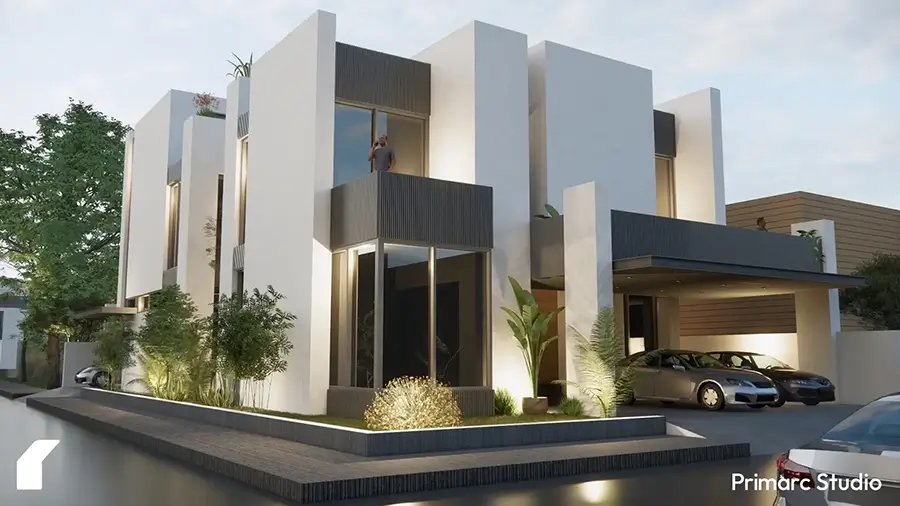 1 Kanal modern house design in white exterior with grey accents