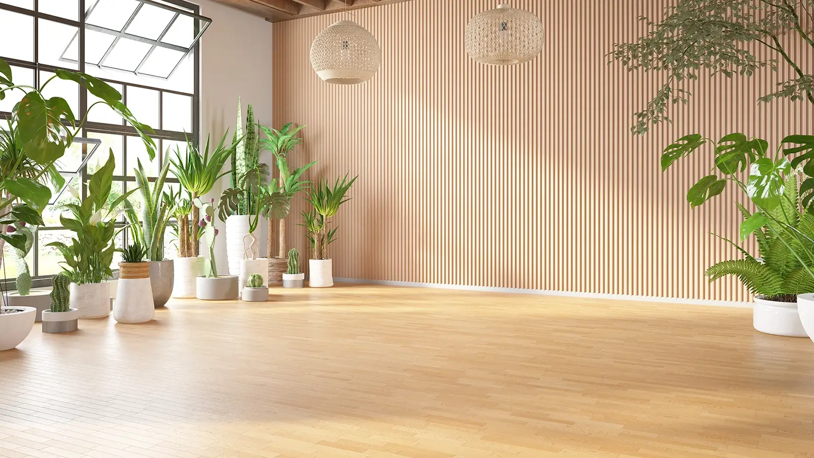 Modern room with light-colored bamboo flooring