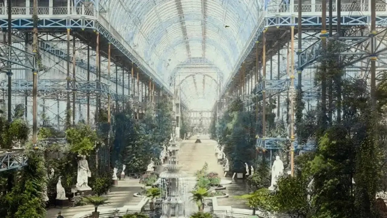 Crystal palace interior full of natural light and greenery