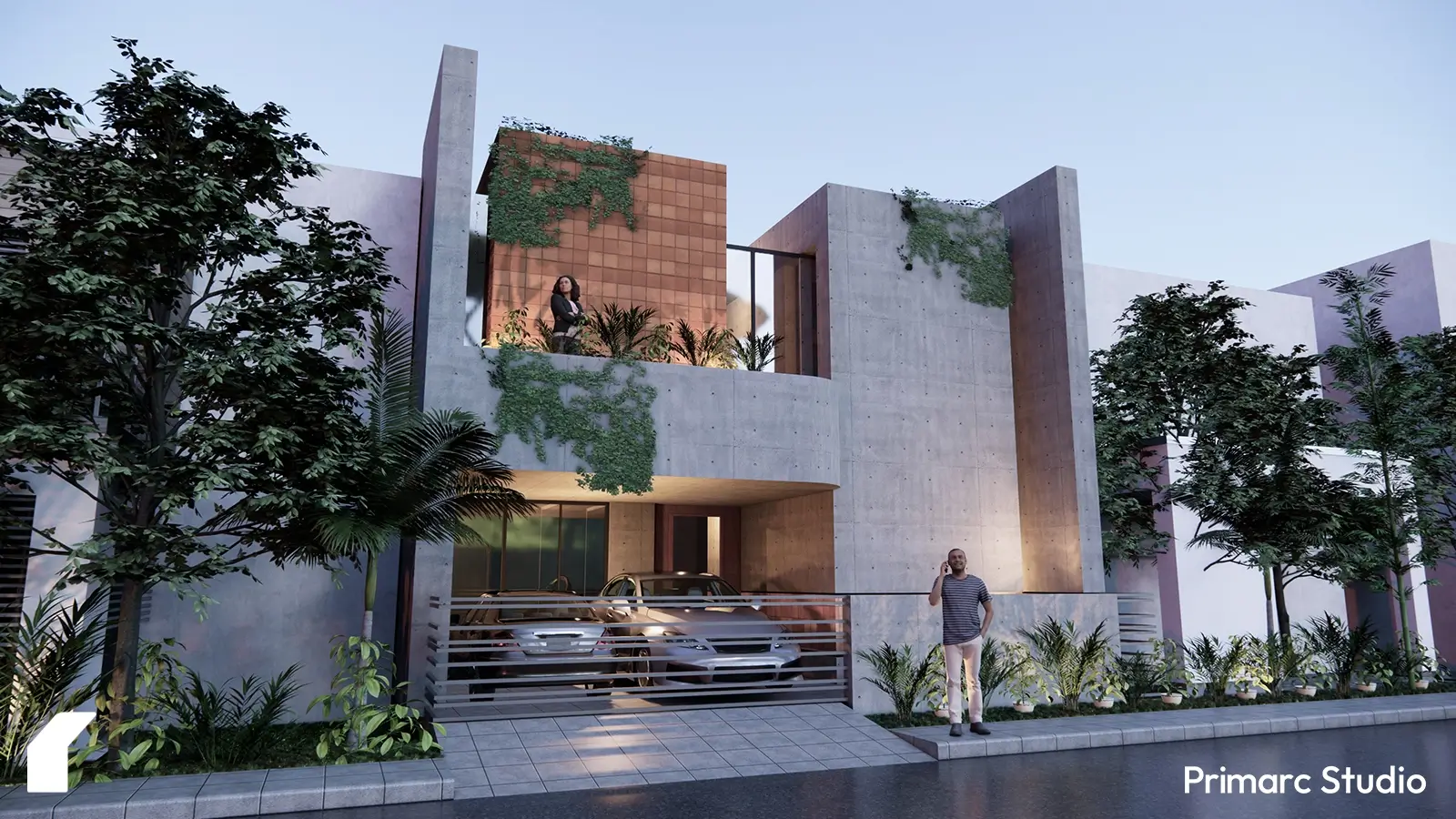 Innovative terrace design in Gulberg Residencia, treated as part of the modern concrete facade. Architectural firm in Pakistan showcasing minimalist and functional home designs