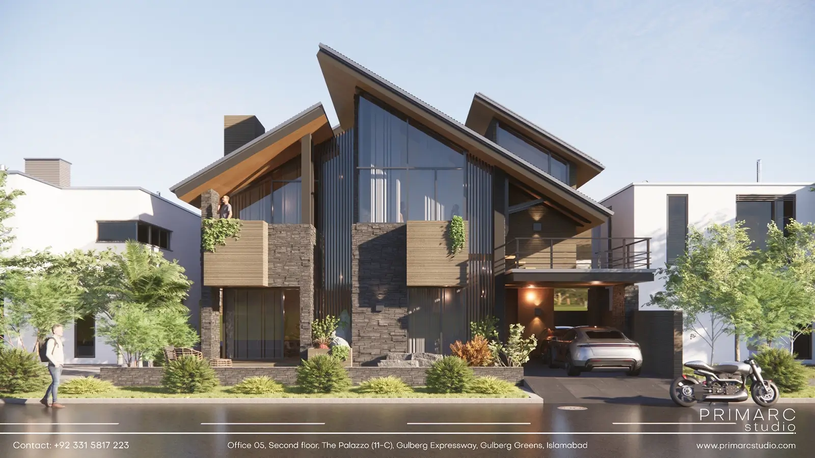 Architectural rendering of One Kanal House Design in Park View City, a modern building by Primarc Studio, featuring a striking sloped roof, glass facade, and mixed stone and wood cladding, with a car and motorcycle in front.