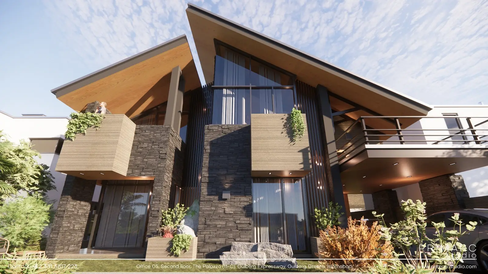 One Kanal house distinct design, featuring a prominent, sharply angled roof, a large glass facade, and a mix of stone and wood cladding. The rendering highlights the texture and depth of the materials, as well as the interplay of light and shadow on the building's surfaces.