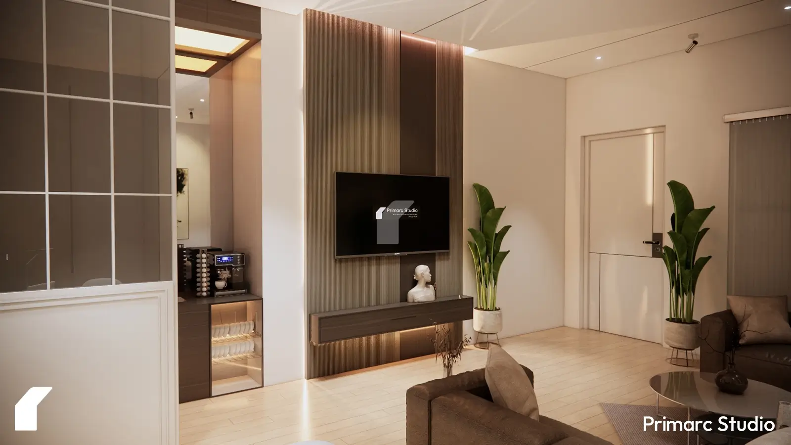 View of the tv in the home office and coffee table on the side with plants in the room to make it feel lively